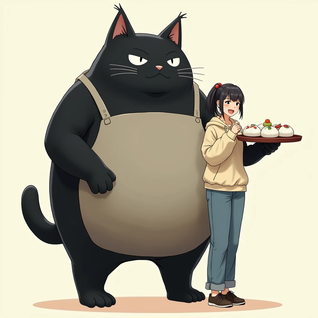 (huge black cat:1.3, Cait Sith:1.2, Larger than a human, gray belly ,  walking on two legs, Raising heels, Overall rounded form:1.3,  simple face ,  slightly poor eyesight:1.1,  their ears are slightly lowered outward ,  they hold an Obon with food on them with both hands, beige apron:1.1, ω) BREAK 1woman,  young woman in ponytail, brown hair, side swept bangs, swept bangs, asymmetrical bangs, The eyes are wide open,  jeans, Slightly crooked t-shirt ,  beige hoodie , Eating rice balls,  happy expression,  standing side by side, Cats are bigger than humans 