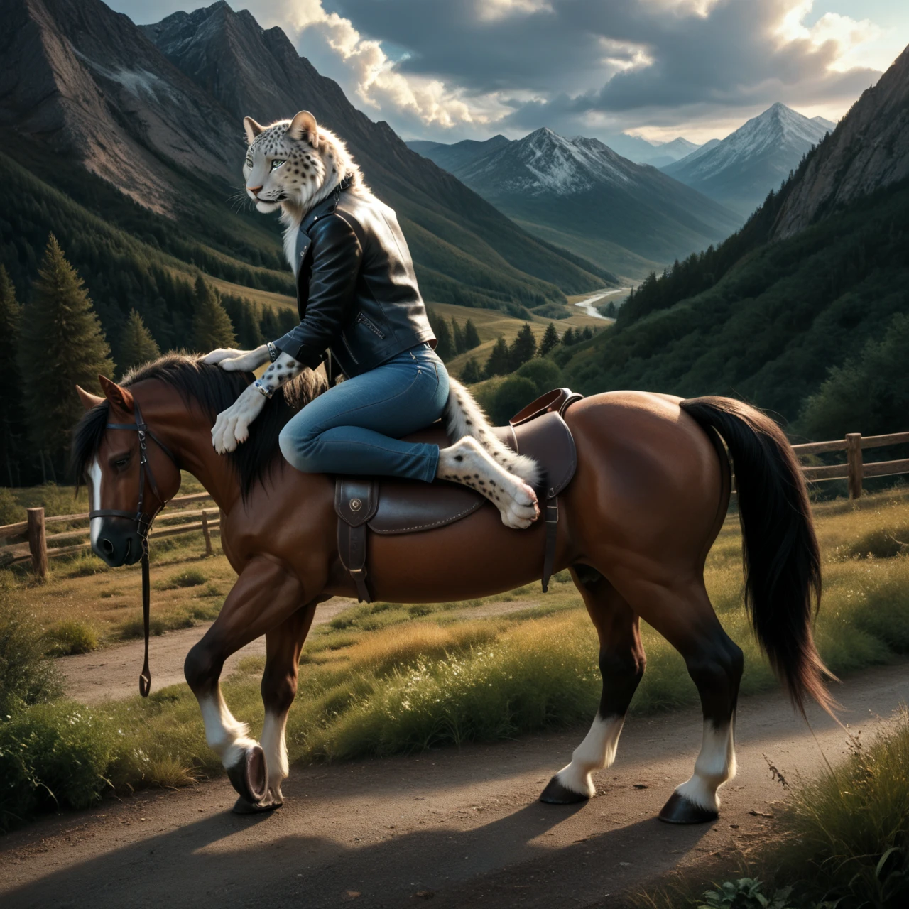 score_9, score_8_up, score_7_up, score_6_up, side view, white leopard, male, with mane, leather jacket, jeans, anthro, felid, feline, rides a horse, human-like hands, (detailed background), nature, in the high mountains, fur, solo, high quality, furred body, paws, handpaw, fluffy, silver bracelets on all legs, (detailed eyes, green eyes), slightly muscled, highly detailed, realistic fur, beautiful, photorealism, photorealistic, dslr, photo, expressive, full body, pawpads, paw pads, dutch angle, with claws, silver collar with medallion