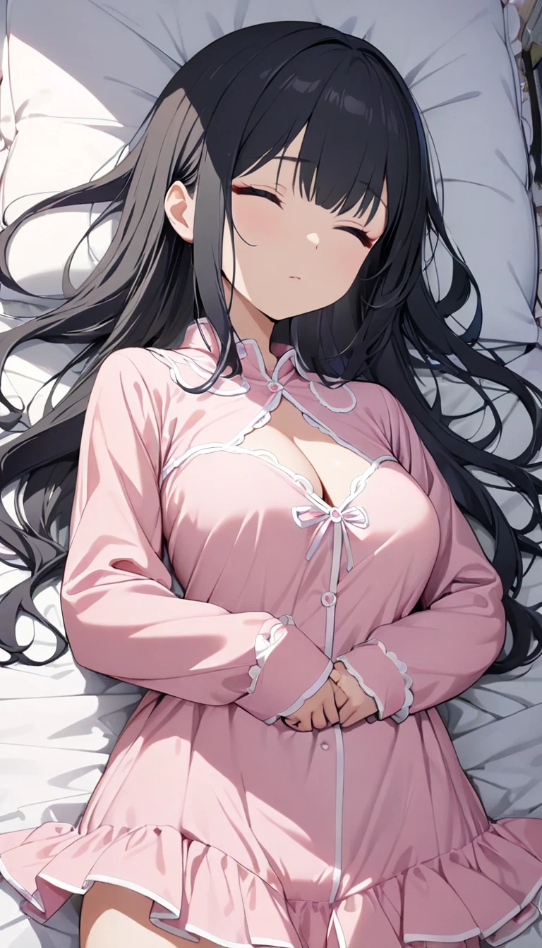 Alone, masterpiece,  top quality ,  very detailed,  detailed description ,  is written by,  anime screenshot、( slim、1 person, cute young woman,  medium breasts, black hair、 long wave hair  、Long side bangs、Azure Eyes、),delicate beautiful eyes , high definition , masterpiece, pictures of girls ,beautiful face、Beautiful Bangs, bangs between eyes, ( eyeliner , lipstick:0.9),　　,(a girl sleeping on bed:1.5),(lying back down:1.1),(nether region:1.3),(closed eyes:1.2),(from above:1.3),(long sleeves pink pajamas:1.3),(bed room:1.3),
arms up,lift clothes、　cleavage cutout,