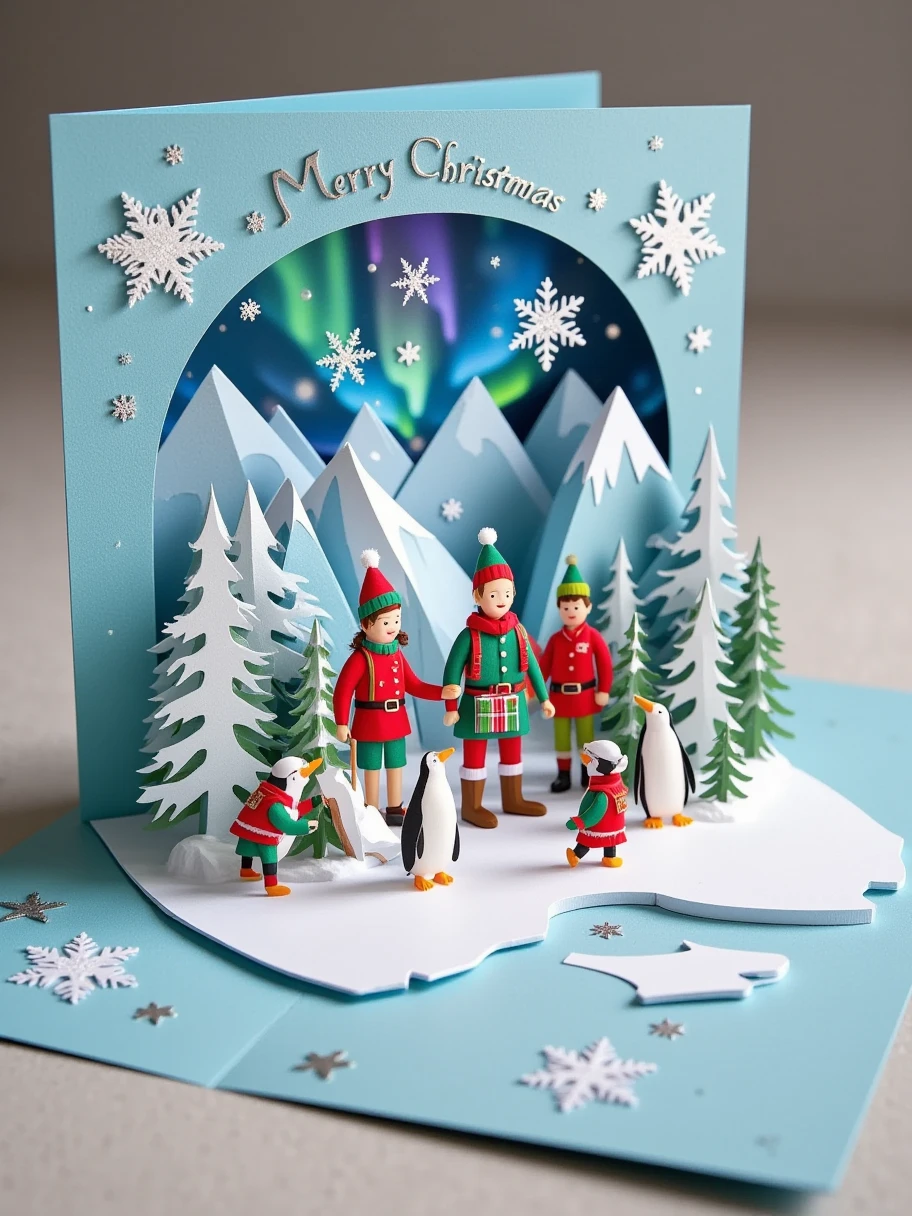 A realistic close-up photo of a handmade Christmas popup card made entirely of intricately cut and folded paper or cardstock. The card is open, revealing a detailed 3D scene crafted from layered paper: a team of explorers on a Christmas-themed polar expedition. There are paper penguins and seals around them. The explorers are wearing warm clothing and carrying flags with Christmas motifs. In the background, there is an iceberg and a Northern Lights display. The background inside the card displays laser-cut snowflakes and stars, with a simple 'Merry Christmas' message elegantly formed from raised paper layers. The outer cover, partially visible, is light blue with embossed silver lettering and paper-cut details of polar animals. The lighting emphasizes the texture and precision of the paper design, with a neutral background to keep the focus on the card's craftsmanship