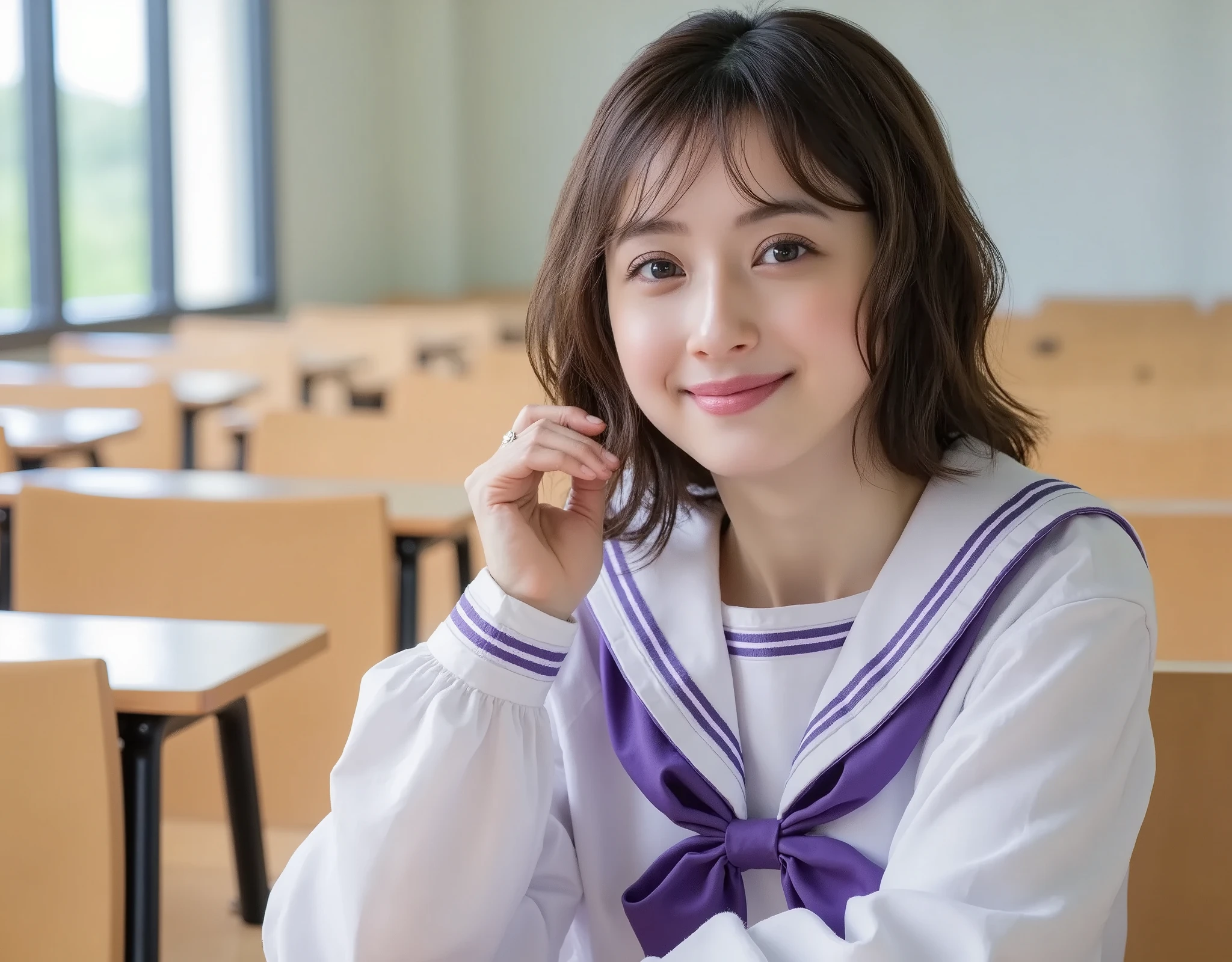 NSFW, (Highest quality), (Ultra-precise CG 16K wallpaper), (Realistic: 1.6), (High saturation), (Sharp), Beautiful detailed shading, Beautiful natural lighting, Beautiful detailed glow, Bright sunlight in the daytime, Natural light, Depth of field, (Mature 24 year old woman, One person: 1.6), (Very beautiful Japanese face), (Sasaki Nozomi), (Soft wavy medium hair, bangs: 1.6), (Shiny black hair), (Sparkling eyes), (C cup size breasts, cleavage, slim thighs: 1.6), (Beautiful breasts), (Beautiful legs), (Beautiful skin), Beautiful proportions, (Faint smile: 1.2), (Looking at me: 1.6), (High school girl's sailor uniform, wearing a light purple pleated miniskirt: 1.6), (Sitting pose: 1.6), (School, empty classroom), (Full screen image:1.6), (full body shot:1.6), (image of a woman seen from the side:1.6), (woman sitting on a chair in an empty classroom:1.6),