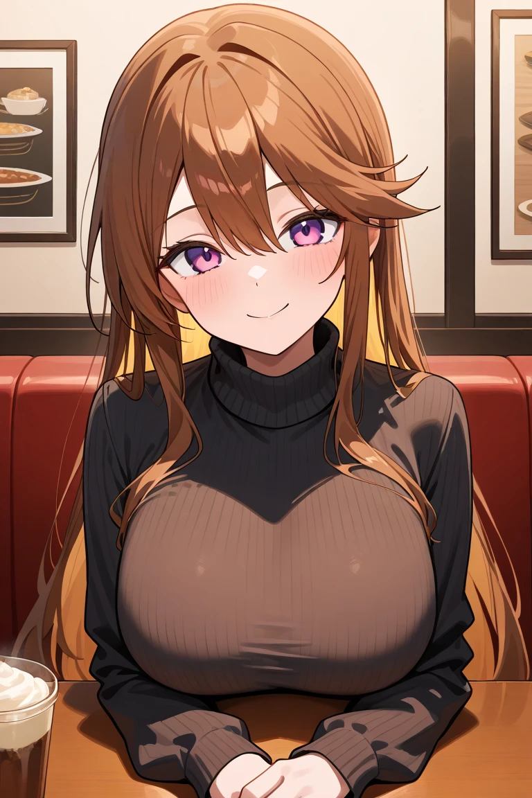 {{{Masterpiece}}} ,{{{best quality}}},2D,sharp focus,4K,8K,score_9, score_8_up, score_7_up, source_anime, looking at viewer, pov across table, smile, mgmtkr,  long hair, turtleneck sweater, sitting, indoors, restaurant, brown hair,Large Breasts