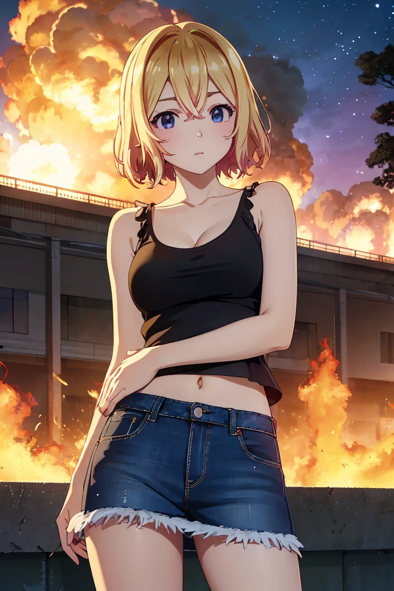 masterpiece, Highest quality anime illustrations, Super detailed,ultra high resolution、perfect lighting single girls, alone, Blonde、medium hair, anime , view at viewer,  cleavage、 show me your butt 、 black tank top seen above、sexy short denim skirt、Black panties、panties pull、at night、 fence、Explosion and Flames 、 Explosion Military Base in Flames、Building on fire