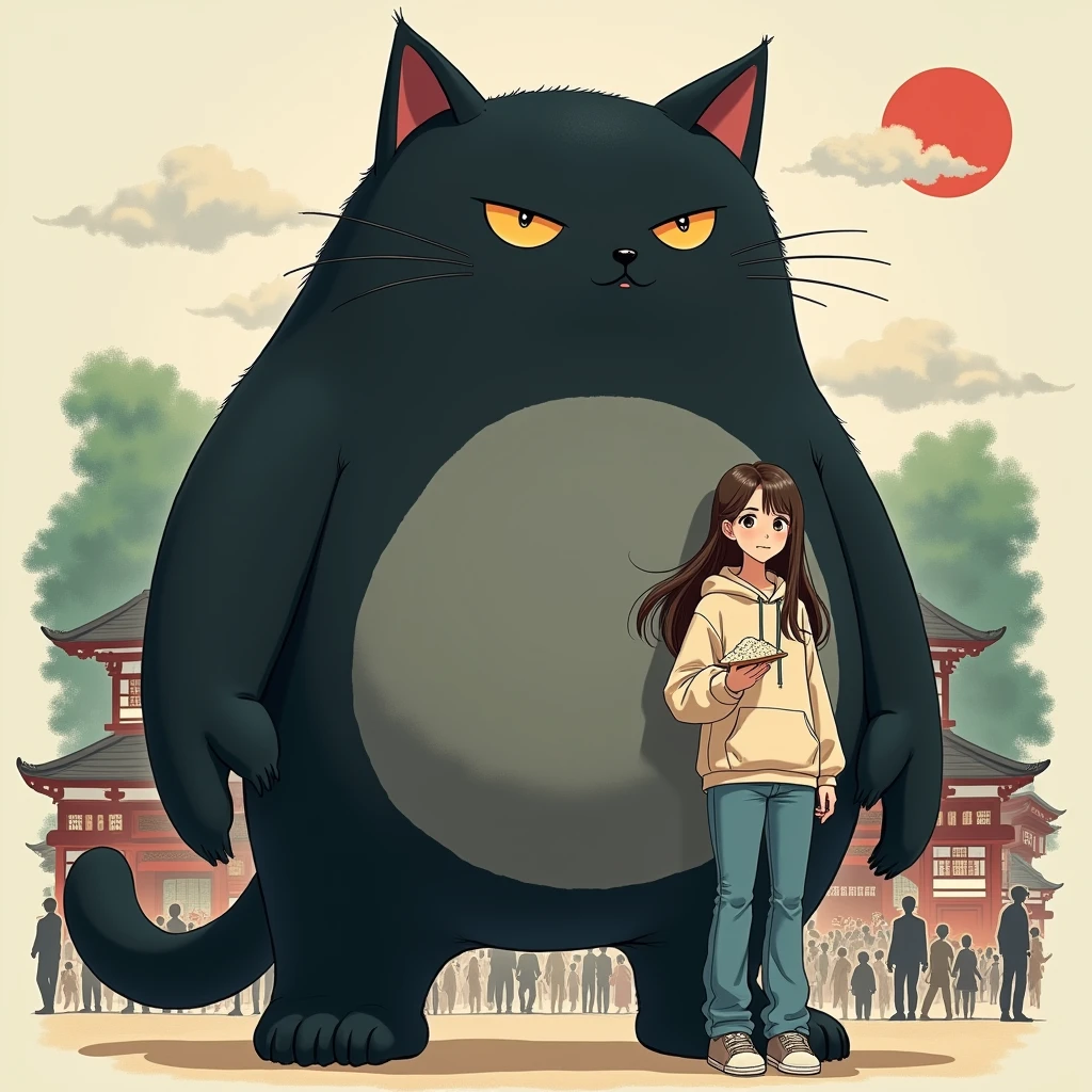 huge black cat, Cait Sith, gray belly ,  walking on two legs, Overall rounded form:1.3,  simple face , cute,  slightly poor eyesight, I'm holding an Obon with food on it with both hands, beige apron, ω