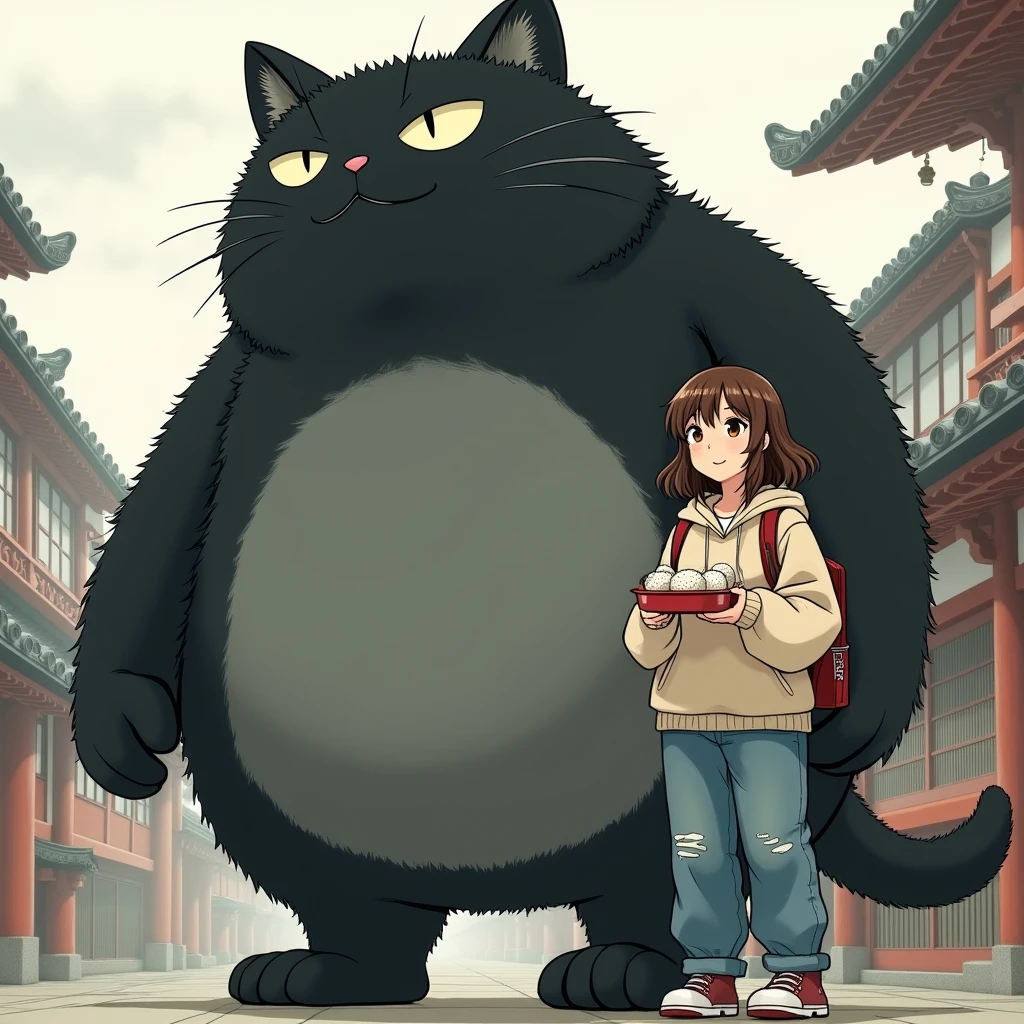 huge black cat, Cait Sith, gray belly ,  walking on two legs, Overall rounded form:1.3,  simple face , cute,  slightly poor eyesight, I'm holding an Obon with food on it with both hands, beige apron, ω