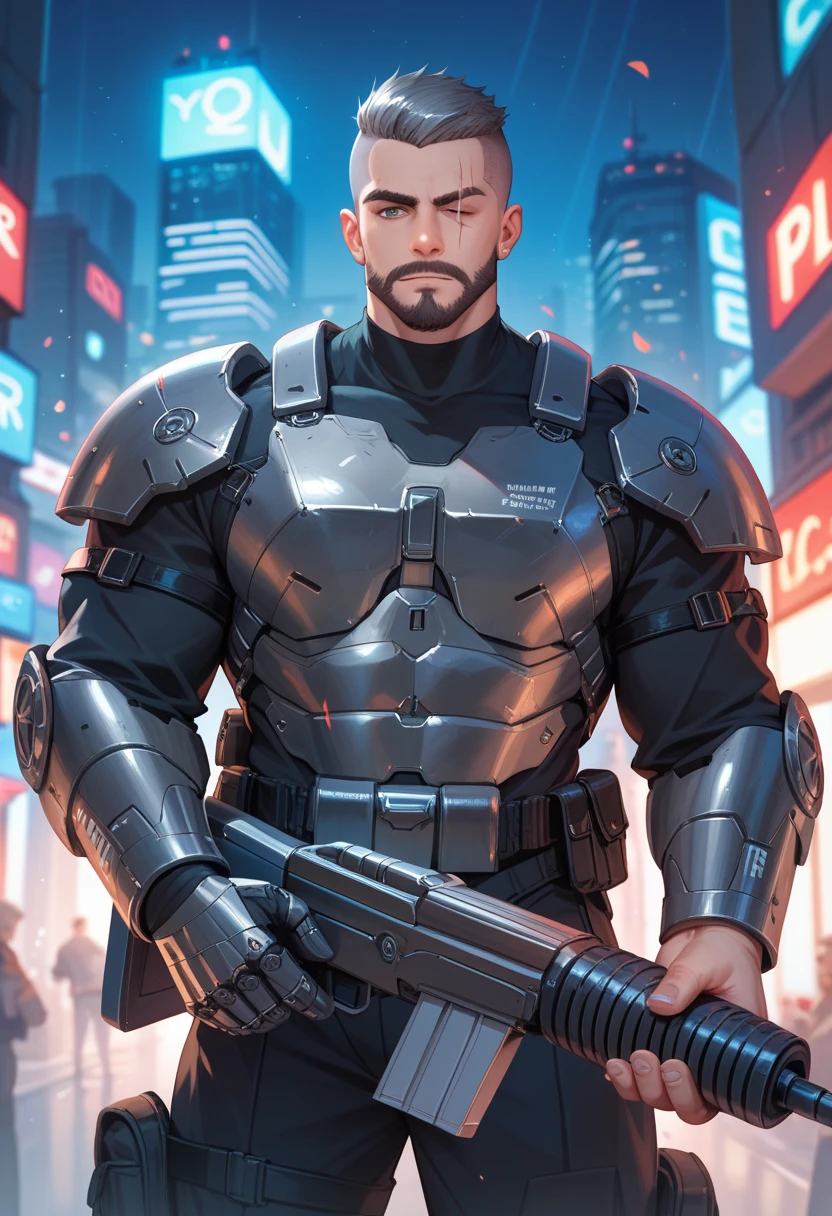 villain, evil, A 37-yr man, gray buzz cut short hair, beard grow slightly, scars on the face, Blind in one eye, muscular, black shirt, scifi iron futuristic bulletproof armor, holding a machine gun, standing in the city at night