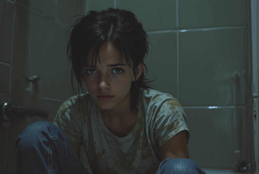 jeans, Covered in mud ,Bob haircut, detailed eyes and face,  An expression of despair  ,t-shirt, dark and gloomy lighting ,desperation,bathroom,drowning in a sludge bath ,sick faded woman