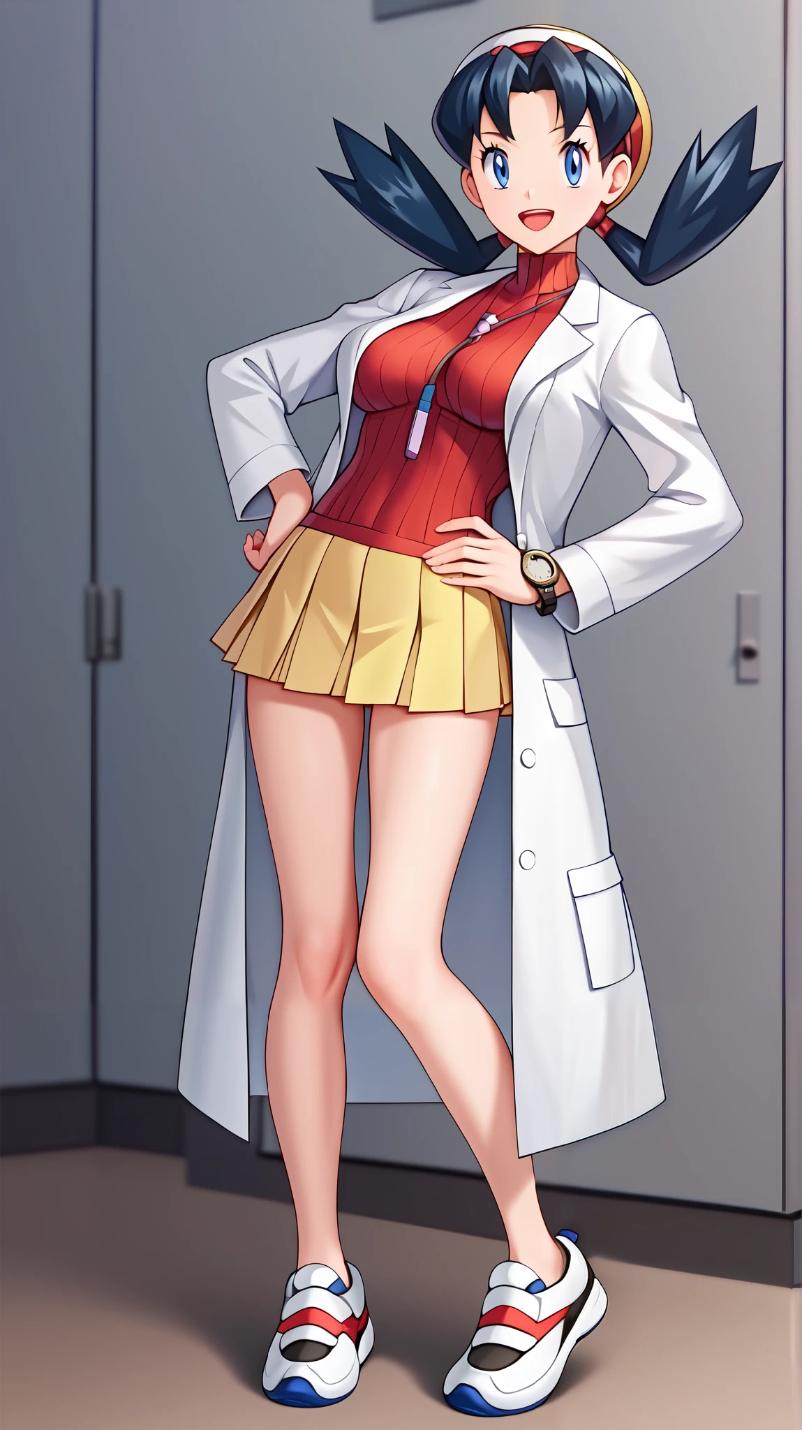 (( top quality )), ((masterpiece)), ( Details), 1girl, Blue-black hair,  twin tails,  blue eyes,  yellow pleated mini skirt, red sleeveless shirt, white lab coat , White shoes, Thighs,  beautiful feet, Ample breasts,  Tall,  Watch viewers, 1 Female, Age 18,  standing, whole body, Place one hand on hip,  slim figure,  sexy smile,  seductive smile,  score_9,  score_8_Excellent,  score_7_Excellent,  score_6_Excellent,  source_Anime,  cell shading ,  Flat Color , vector, indoor, Research Room, (\ Pokémon\), Two legs, two arms,
