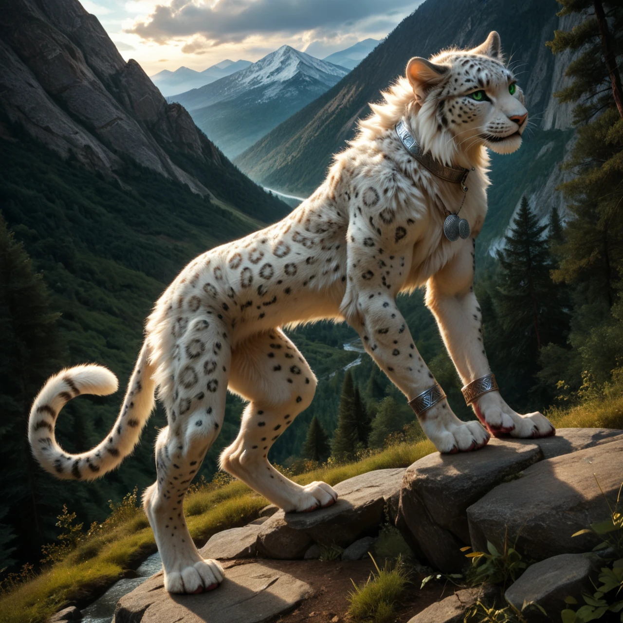 score_9, score_8_up, score_7_up, score_6_up, side view, white leopard, male, with mane, indian archer, anthro, felid, feline, stands, human-like hands, (detailed background), nature, in the high mountains, fur, solo, high quality, furred body, paws, handpaw, fluffy, silver bracelets on all legs, (detailed eyes, green eyes), slightly muscled, highly detailed, realistic fur, beautiful, photorealism, photorealistic, dslr, photo, expressive, full body, pawpads, paw pads, dutch angle, with claws, silver collar with medallion