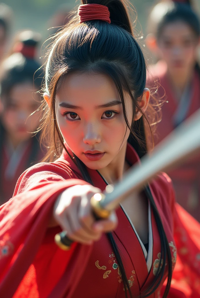 A beautiful Korean girl fighting armed men with assassination magic. Focus on the girl, very beautiful clothes, colorful hair, and shiny eyes. "An exceptional image with unparalleled quality, crafted to the highest standards of precision and perfection. It features stunning details and vibrant colors that come to life, with expertly balanced effects ensuring complete harmony between all elements. Every detail has been meticulously refined to eliminate any imperfections, creating a flawless masterpiece. The precise distribution of lighting and shadows adds depth and realism, making the image a captivating work of art that leaves a lasting impression." - (Waiting to start)