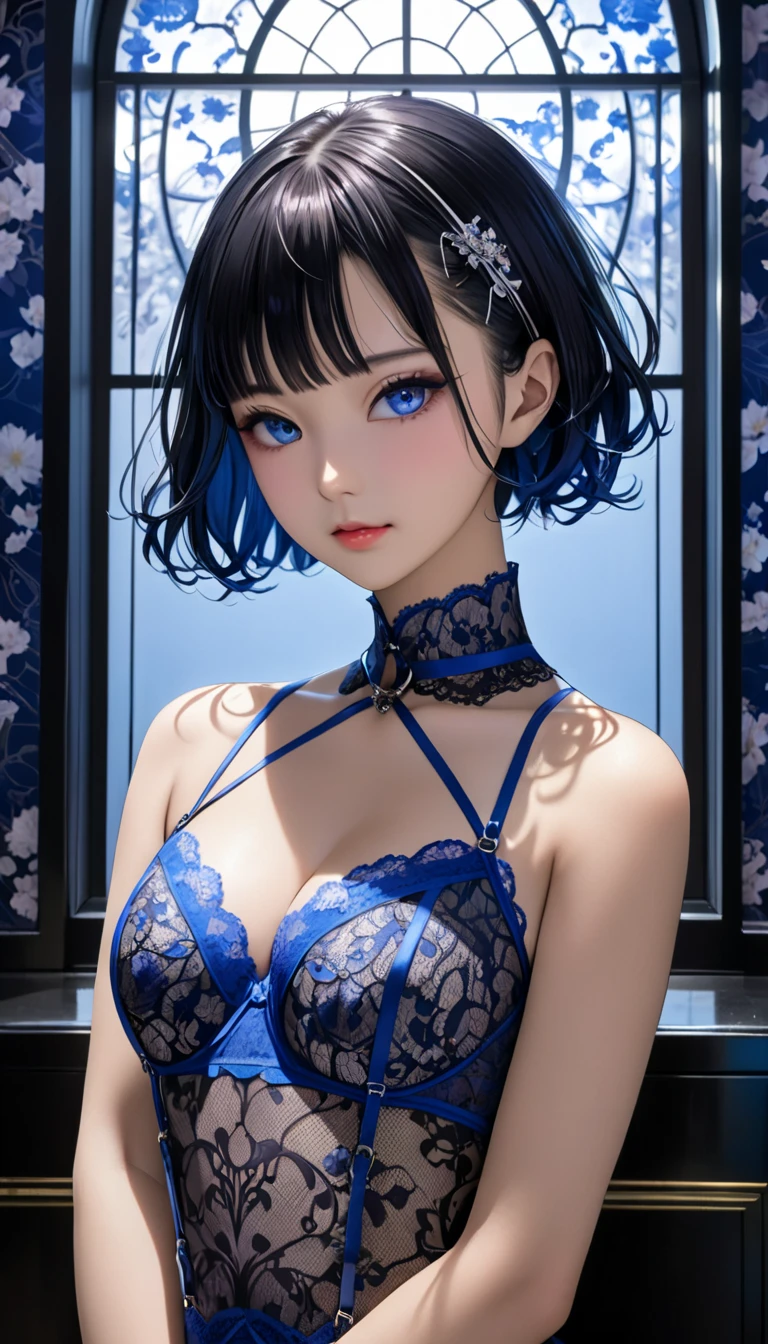 Beauty, Navy Blue Hair, Blue eyes, Blue underwear、((White lace))、((Big Breasts))、to close range、Blue Necklace、Blue earrings、head band、Short Hair