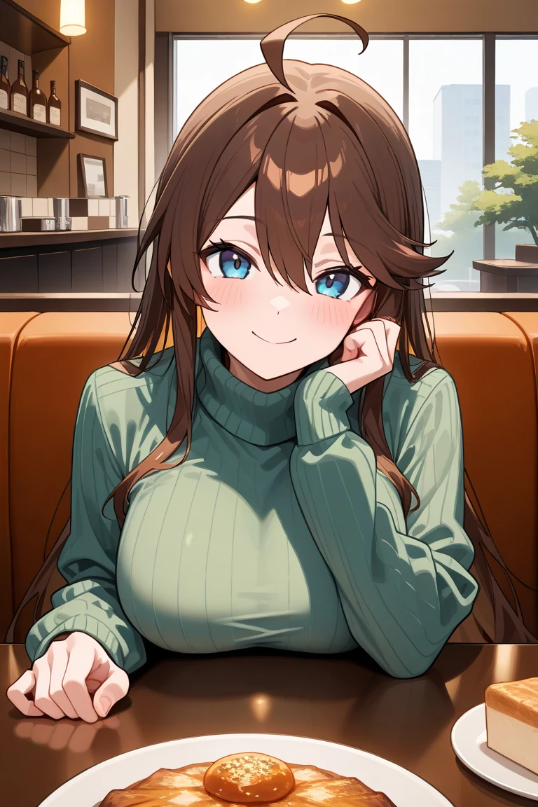 {{{Masterpiece}}} ,{{{best quality}}},2D,sharp focus,4K,8K,score_9, score_8_up, score_7_up, source_anime, looking at viewer, pov across table, smile, mgmtkr,  long hair, turtleneck sweater, sitting, indoors, restaurant, brown hair,Large Breasts,ahoge