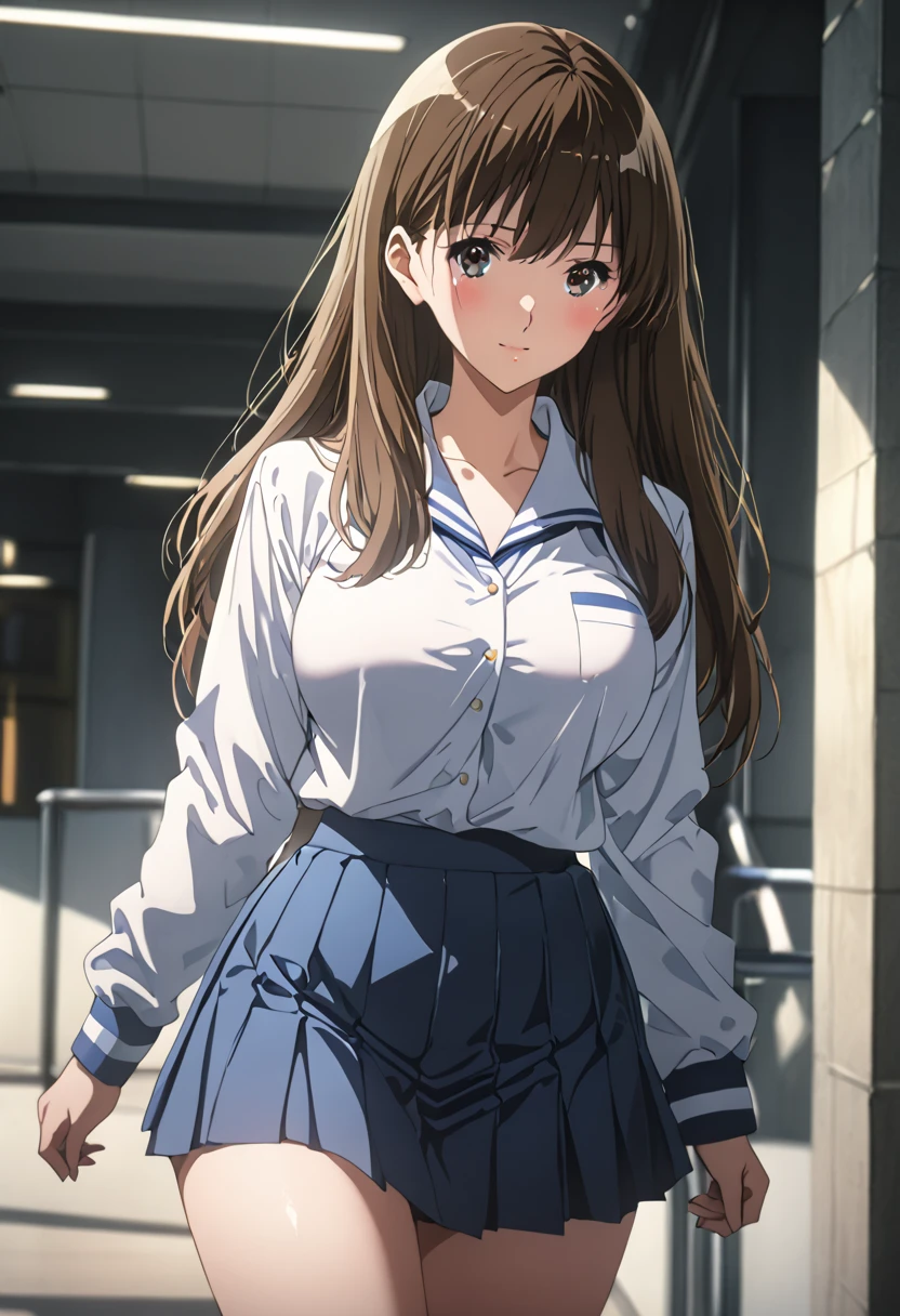 masterpiece, BestQuality, High resolution,16k,official art,super detailed skin,detailed,animated painting,(kuroe mayu:1.3),1990s \(style\),(F-cup beautiful breasts:1.3), (tall:1.2),height: 170cm,Fashion model body type,pointed eyes,black eyes,brown hair,long hair,(******************:highschool uniform,white shirt,mini skirt:1.3)、1girl,solo,nsfw,sexy,cool face,light smile,shy,blush,Anime-style painting style,Close up on full body,Cinematic lighting,Superfine,in the city