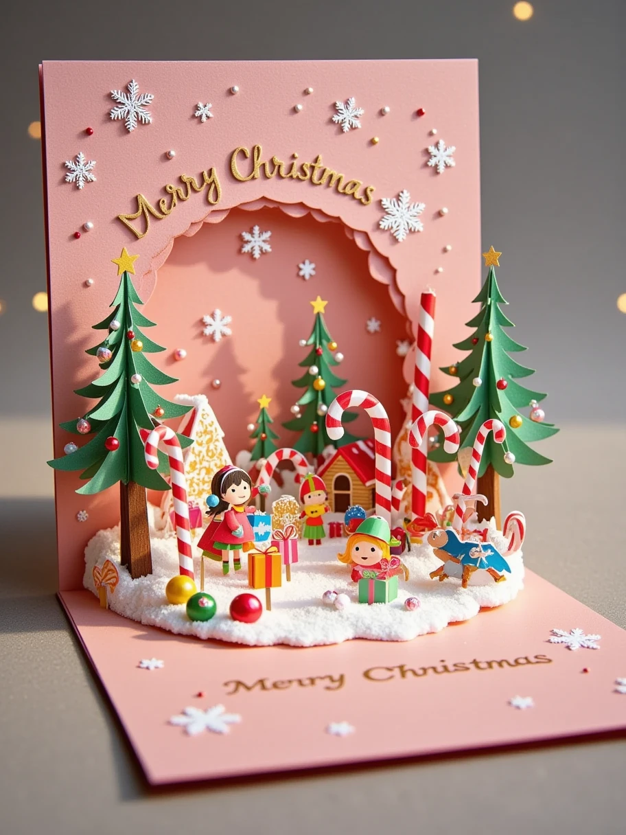 A realistic close-up photo of a handmade Christmas popup card made entirely of intricately cut and folded paper or cardstock. The card is open, revealing a detailed 3D scene crafted from layered paper: a magical candy land with lollipop trees and gumdrop houses. Paper children are playing among the sweets. There are candy canes and chocolate bars everywhere. In the center, there is a giant Christmas candy cane. The background inside the card displays laser-cut snowflakes and stars, with a simple 'Merry Christmas' message elegantly formed from raised paper layers. The outer cover, partially visible, is pink with embossed gold lettering and paper-cut details of candies. The lighting emphasizes the texture and precision of the paper design, with a neutral background to keep the focus on the card's craftsmanship.