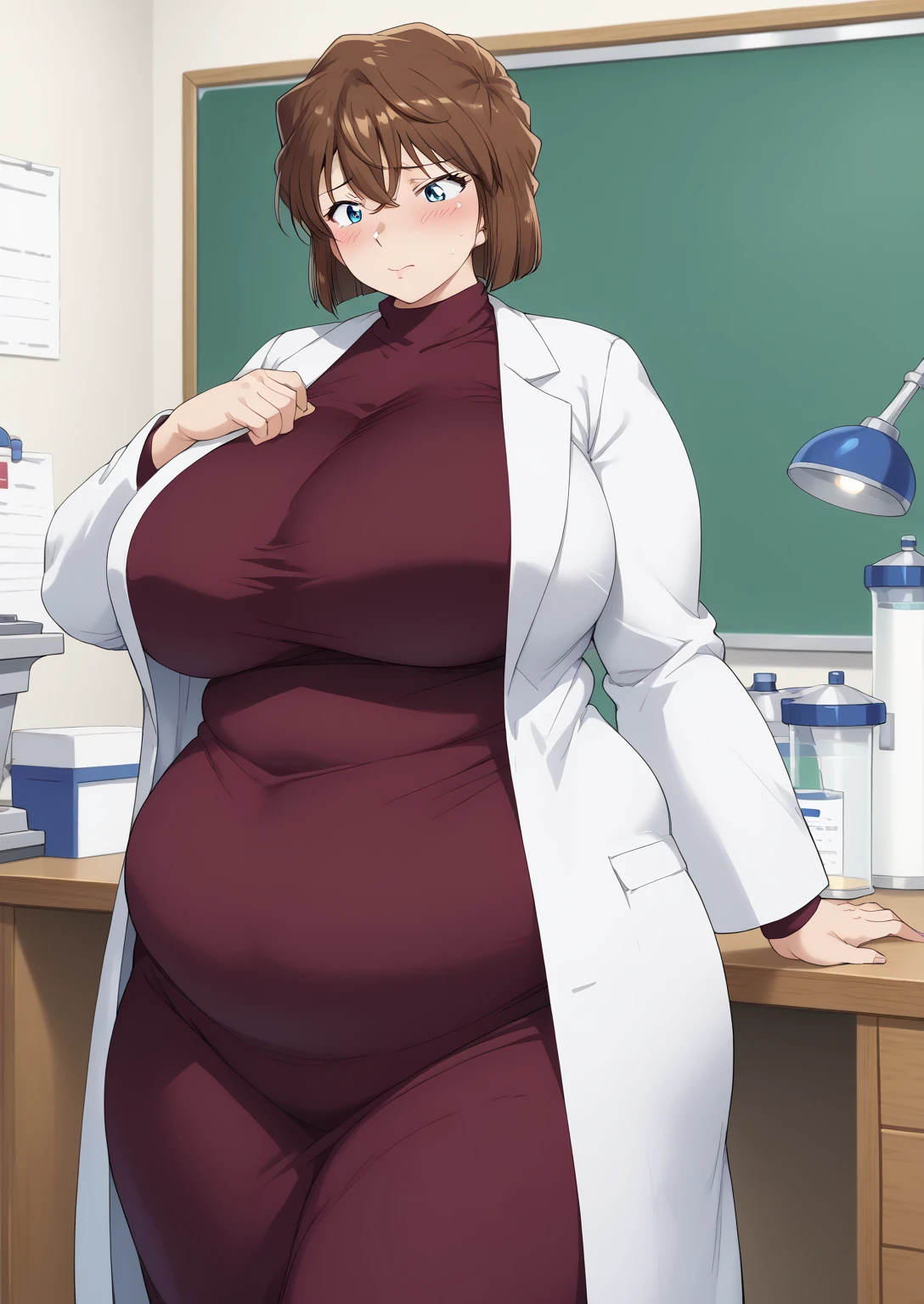 Shiho Miyano, Miyano Shiho, short hair,Brown Hair, blue eyes,hair between eyes,lab coat, Mulberry dress, long sleeve dress, mini skirt dress, score_9,   score_8_ up,   score_7_ up,   score_6_ up,   score_5_ up,   score_4_ up,     masterpiece   ,   top quality,     very aesthetic  ,    absurd,    source_Anime, Anime screencap,    one woman , Alone,   personal   ,  Super huge breasts, (((S uper huge クレビス, Super huge , Super huge boob))), Curvy,   in her 20s,  Mature Woman,   obese , ,  troubled expression,  ssbbw,  embarrassed expression