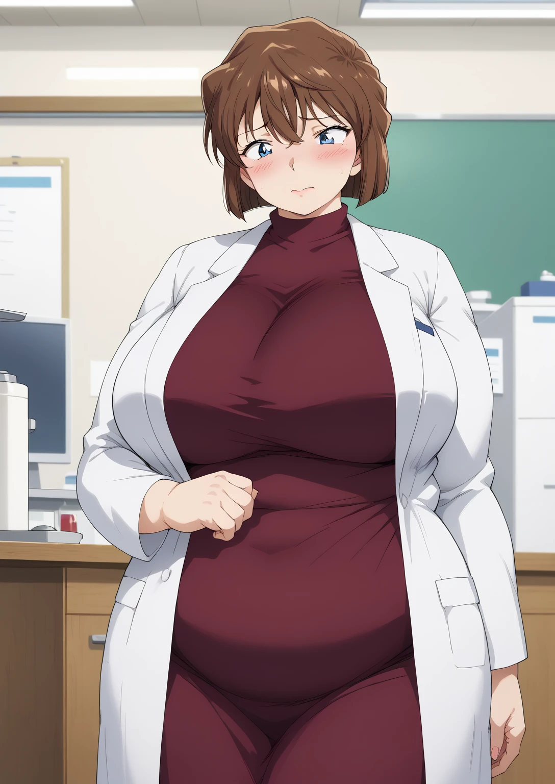 Shiho Miyano, Miyano Shiho, short hair,Brown Hair, blue eyes,hair between eyes,lab coat, Mulberry dress, long sleeve dress, mini skirt dress, score_9,   score_8_ up,   score_7_ up,   score_6_ up,   score_5_ up,   score_4_ up,     masterpiece   ,   top quality,     very aesthetic  ,    absurd,    source_Anime, Anime screencap,    one woman , Alone,   personal   ,  Super huge breasts, (((S uper huge クレビス, Super huge , Super huge boob))), Curvy,   in her 20s,  Mature Woman,   obese , ,  troubled expression,  ssbbw,  embarrassed expression