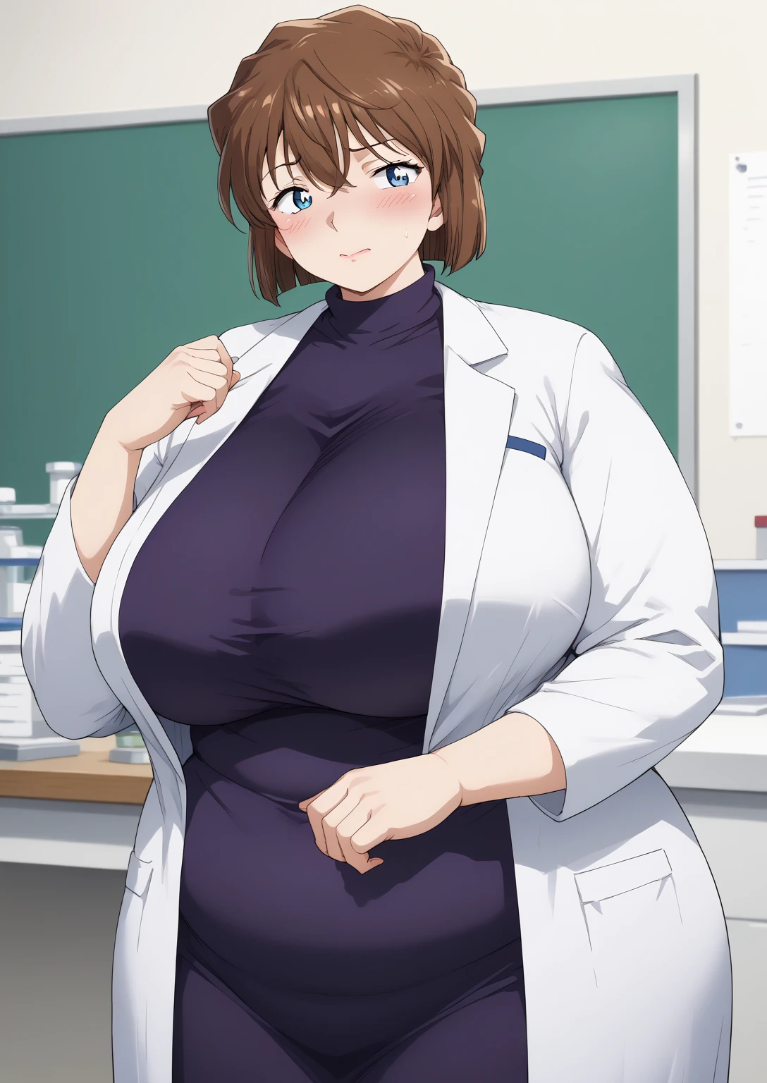 Shiho Miyano, Miyano Shiho, short hair,Brown Hair, blue eyes,hair between eyes,lab coat, Mulberry dress, long sleeve dress, mini skirt dress, score_9,   score_8_ up,   score_7_ up,   score_6_ up,   score_5_ up,   score_4_ up,     masterpiece   ,   top quality,     very aesthetic  ,    absurd,    source_Anime, Anime screencap,    one woman , Alone,   personal   ,  Super huge breasts, (((S uper huge クレビス, Super huge , Super huge boob))), Curvy,   in her 20s,  Mature Woman,   obese , ,  troubled expression,  ssbbw,  embarrassed expression