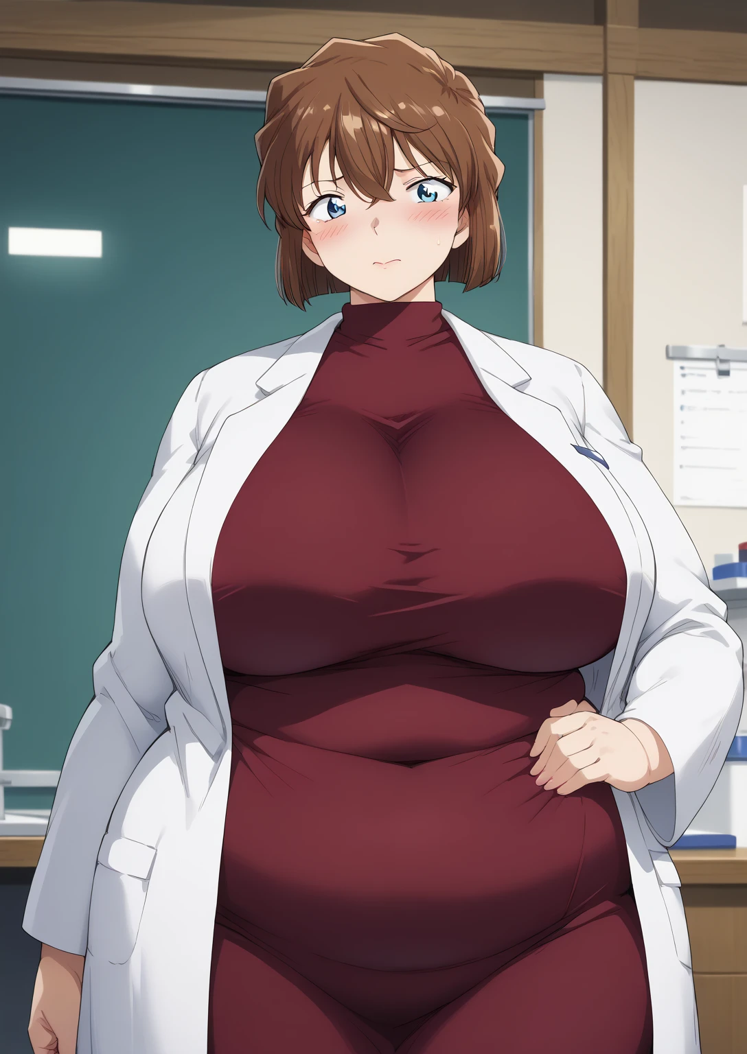 Shiho Miyano, Miyano Shiho, short hair,Brown Hair, blue eyes,hair between eyes,lab coat, Mulberry dress, long sleeve dress, mini skirt dress, score_9,   score_8_ up,   score_7_ up,   score_6_ up,   score_5_ up,   score_4_ up,     masterpiece   ,   top quality,     very aesthetic  ,    absurd,    source_Anime, Anime screencap,    one woman , Alone,   personal   ,  Super huge breasts, (((S uper huge クレビス, Super huge , Super huge boob))), Curvy,   in her 20s,  Mature Woman,   obese , ,  troubled expression,  ssbbw,  embarrassed expression