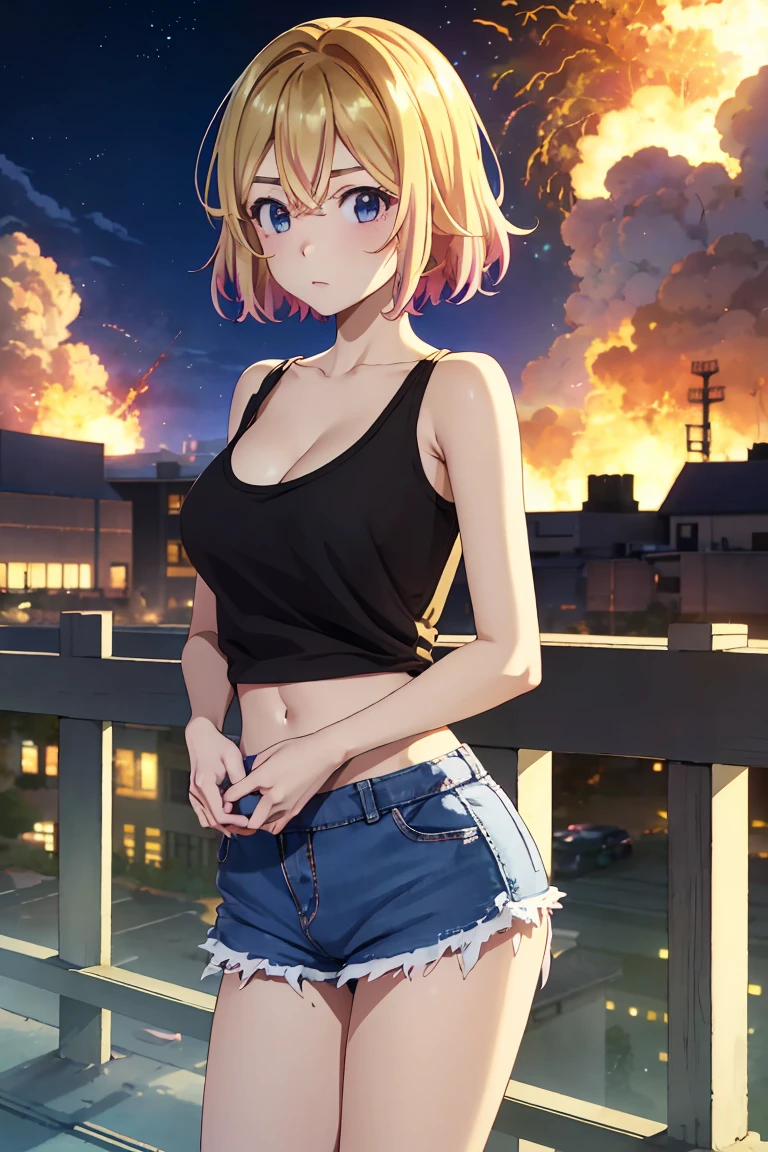 masterpiece, Highest quality anime illustrations, Super detailed,ultra high resolution、perfect lighting single girls, alone, Blonde、medium hair, anime , view at viewer,  cleavage、 show me your butt 、 black tank top seen above、sexy short denim skirt、Black panties、panties pull、at night、 fence、Explosion and Flames 、 Explosion Military Base in Flames、Building on fire