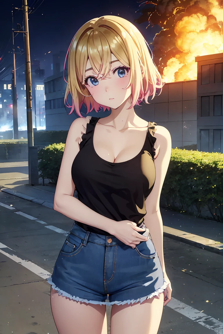 masterpiece, Highest quality anime illustrations, Super detailed,ultra high resolution、perfect lighting single girls, alone, Blonde、medium hair, anime , view at viewer,  cleavage、 show me your butt 、 black tank top seen above、sexy short denim skirt、Black panties、panties pull、at night、 fence、Explosion and Flames 、 Explosion Military Base in Flames、Building on fire