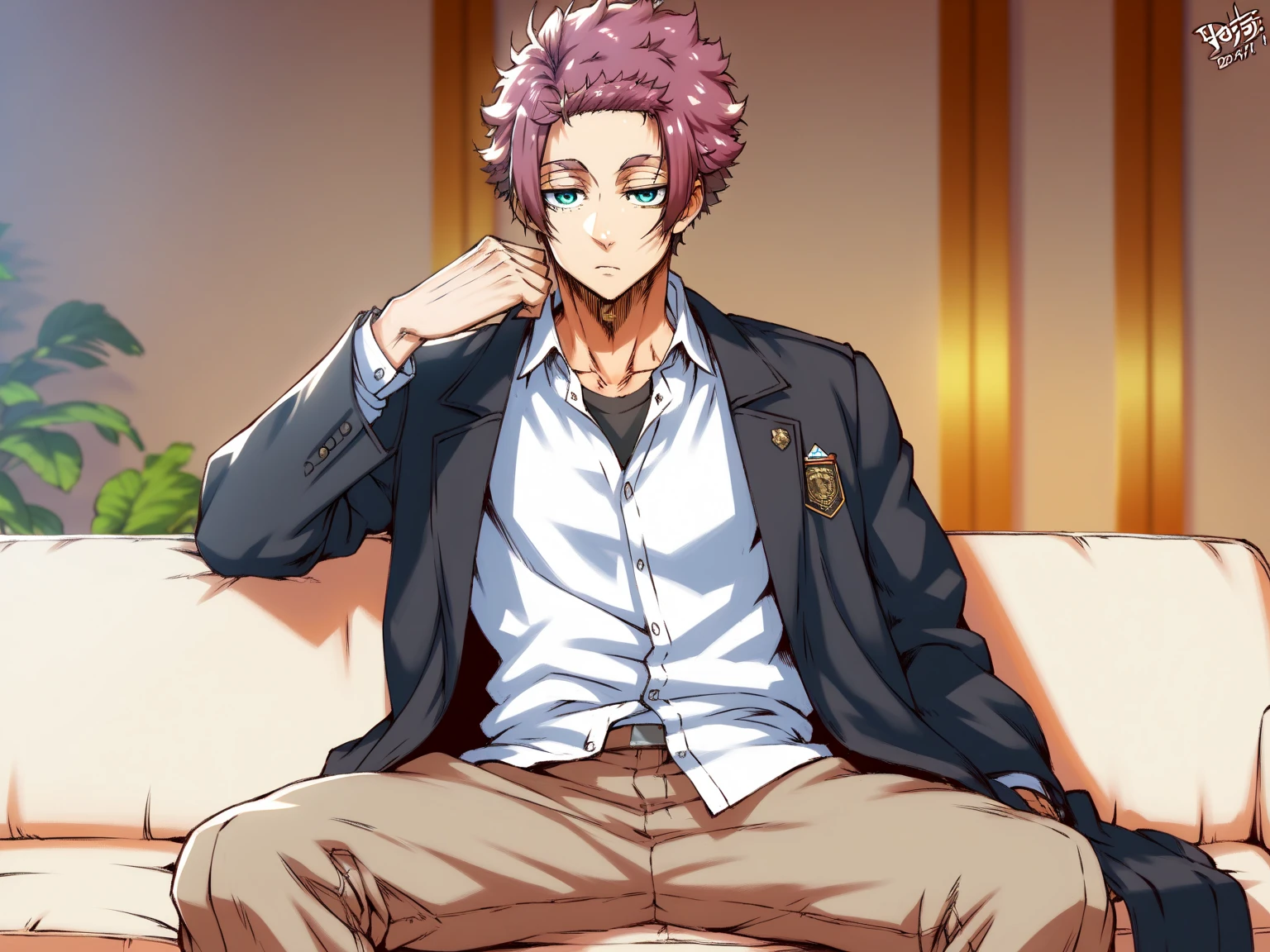 (masterpiece, best quality), amazing quality, very aesthetic, absurdres, highres, newest, HDR, 8K, extremely detailed face and eyes, male focus, 1boy, closed mouth, Itoshi Sae, Blue Lock, magenta hair, teal eyes, underlashes, short hair, sexy man, handsome, white buttoned shirt, long black coat, brown pants, solo, modern_bg, cozy, living room, sitting on couch, table