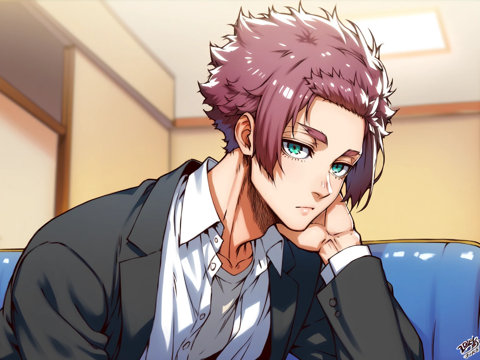 (masterpiece, best quality), amazing quality, very aesthetic, absurdres, highres, newest, HDR, 8K, extremely detailed face and eyes, male focus, 1boy, closed mouth, Itoshi Sae, Blue Lock, magenta hair, teal eyes, underlashes, short hair, sexy man, handsome, white buttoned shirt, long black coat, brown pants, solo, modern_bg, cozy, living room, sitting on couch, table