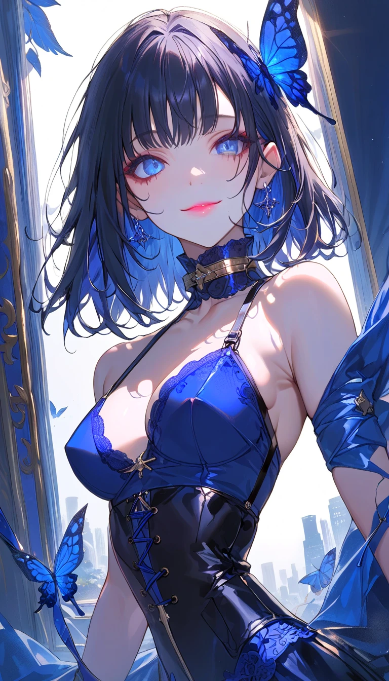 最high quality、best image quality、masterpiece、teenage girl((18-year-old、 By becoming、vest bust、medium bust,wide open breast tea、black eye, blue hair、ponytail、thin,highest valley、Perforated gloves、Android Body)),high quality、beautiful art、background((Magic House)),debris flies、Depth of written boundary、movie、visual art、perfect art、8K,genuine