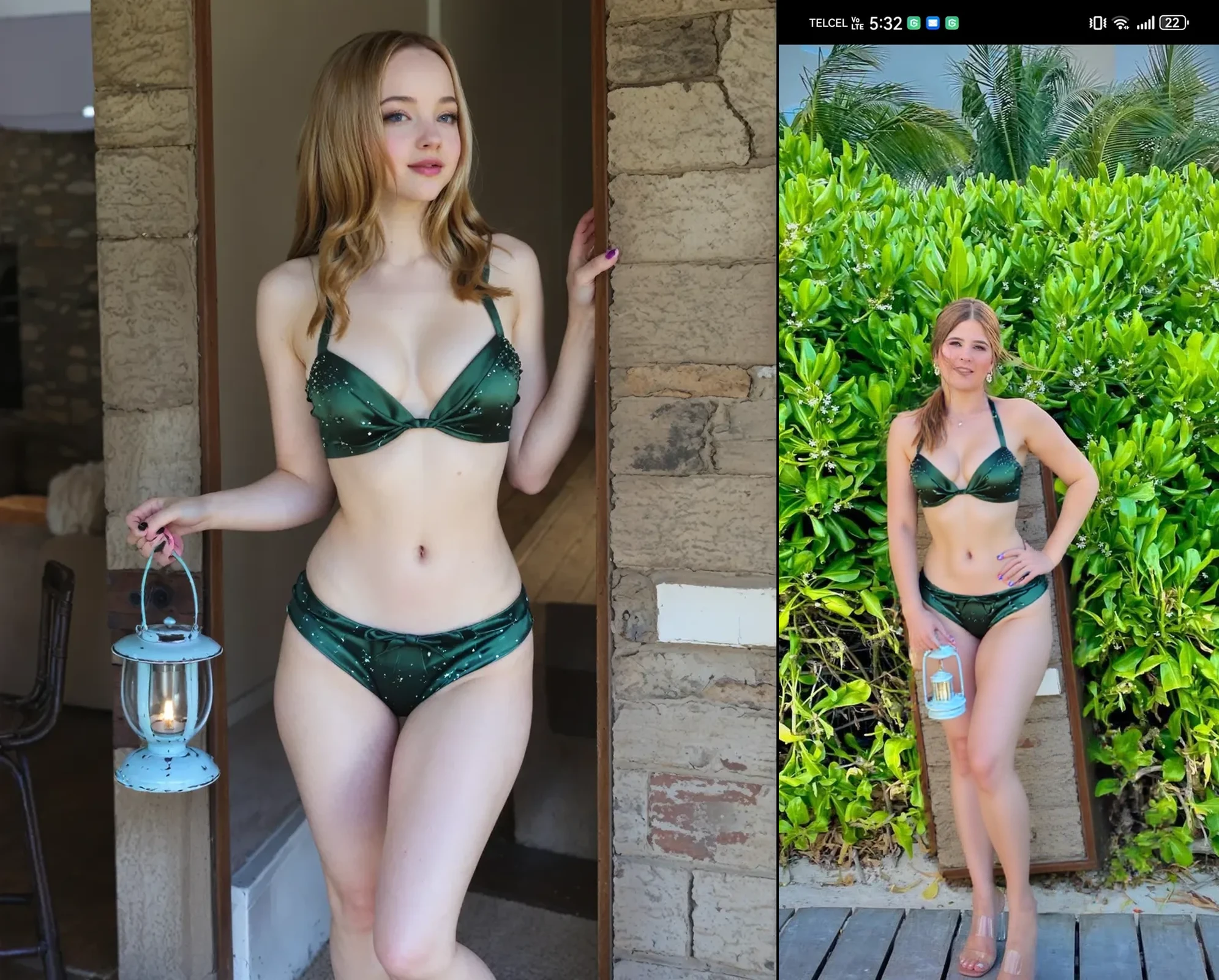 A 16 year old Caucasian girl with dirty blonde hair, wearing a dark green bra, a tight pair of tan colored high waisted thongs, and white sneakers. Pretty face, a cup breasts, medium waist, large hips, thick thighs, standing, hand on own stomach, look at viewer, highly detailed, full body, cowboy shot, front view.