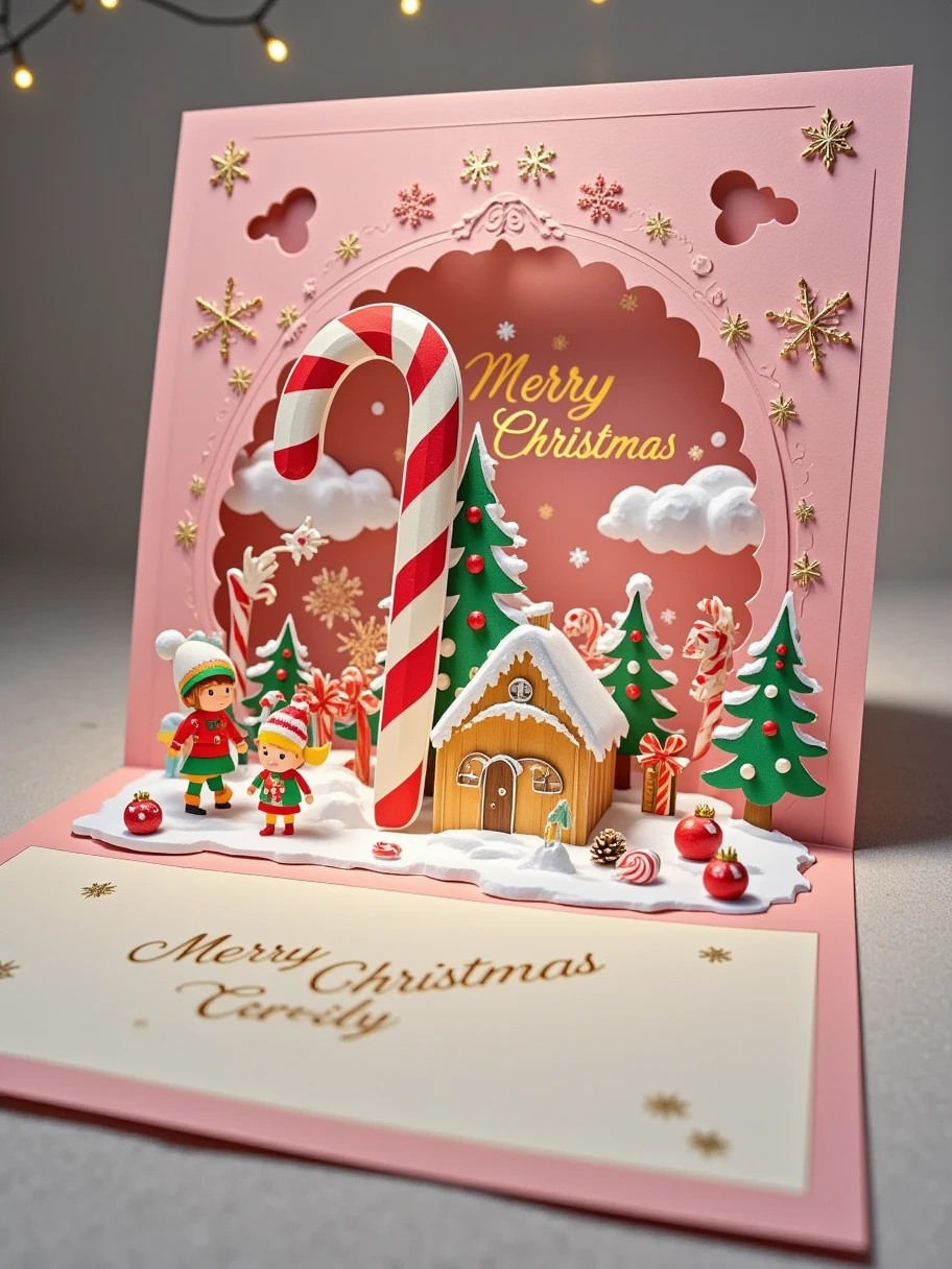 A realistic close-up photo of a handmade Christmas popup card made entirely of intricately cut and folded paper or cardstock. The card is open, revealing a detailed 3D scene crafted from layered paper: a magical candy land with lollipop trees and gumdrop houses. Paper children are playing among the sweets. There are candy canes and chocolate bars everywhere. In the center, there is a giant Christmas candy cane. The background inside the card displays laser-cut snowflakes and stars, with a simple 'Merry Christmas' message elegantly formed from raised paper layers. The outer cover, partially visible, is pink with embossed gold lettering and paper-cut details of candies. The lighting emphasizes the texture and precision of the paper design, with a neutral background to keep the focus on the card's craftsmanship.