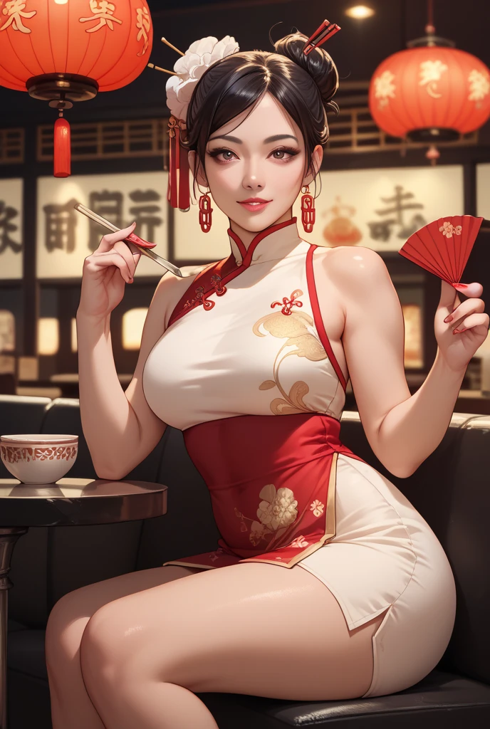 High resolution, adult woman , good lighting, despicable, , (No nudity), (((China dress))), (()), ((())), (garter belt), abdomen only, (), detailed chinese restaurant in background, cute face, I'm embarrassed and blush, humiliating, ((turn around and look back)), ((See-through))()(T-back)(a large amount of is on the body,). sultry look, seductive,