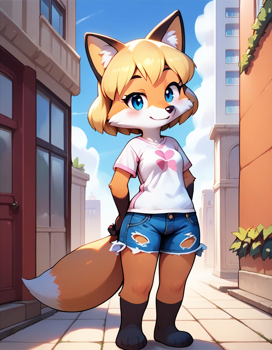 score_9, score_8_acima, score_8, 1garota, source_cartoon, source_peludo, ,outdoors,detaile background,city, Katinka,1girl,solo,short hair,blonde hair,animal ears,fox ears,furry female,fox tail,blue eyes,hair bow,pink bow,fox girl,white fur,animal nose,bangs,body fur,two-tone fur, full body,seductive smile,long eyelashes, torn denim shorts, white t-shirt, 