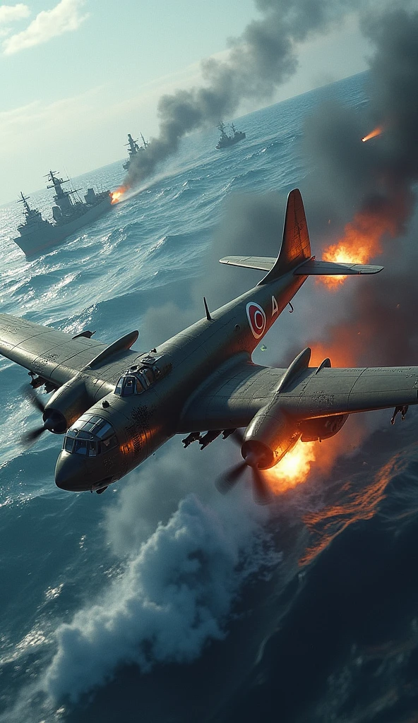Burning sea,Burning aircraft carriers,battleships,Planes in the sky,Smoke billowed out,Dimly lit sky,((the fire)),karo,cannon fire,(illustratio:1.0)、Epic composition、Realistic lighting、high definition detail、tmasterpiece、Best quality,(非常详细的 CG 统一 8k 壁纸)
