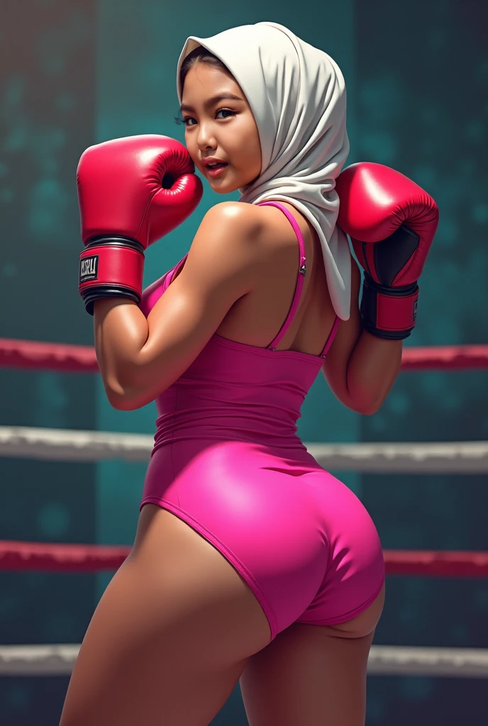 ((HIJAB MALAY GIRL)), a sserafimsakura, hyper realistic, lifelike texture, dramatic lighting, Nikon RAW photo, 8k, Fujifilm XT3,CitrineDreamMix, masterpiece, best quality, realistic, (photorealistic:1.4), ultra detailed, extremely detailed face, solo,1 malay hijab girl, wearing hijab,standing, (boxing gloves:1), (boxing ring), (smile:1), pink boxing outfit, ( janna nick ).