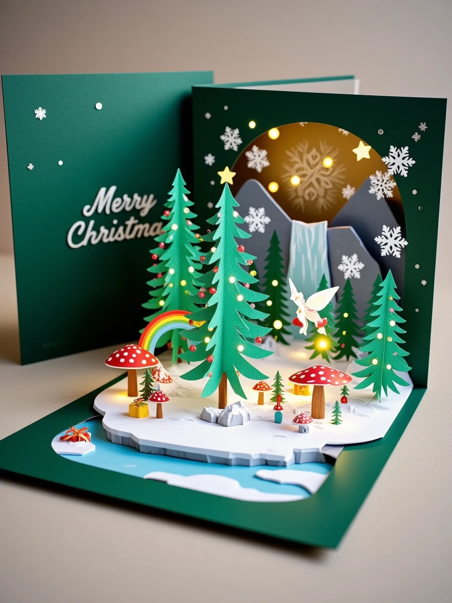 A realistic close-up photo of a handmade Christmas popup card made entirely of intricately cut and folded paper or cardstock. The card is open, revealing a detailed 3D scene crafted from layered paper: a mysterious magic forest filled with Christmas trees and glowing mushrooms. There are paper fairies flying around with Christmas lights. In the background, there is a waterfall and a rainbow. The background inside the card displays laser-cut snowflakes and stars, with a simple 'Merry Christmas' message elegantly formed from raised paper layers. The outer cover, partially visible, is dark green with embossed silver lettering and paper-cut details of forest creatures. The lighting emphasizes the texture and precision of the paper design, with a neutral background to keep the focus on the card's craftsmanship.