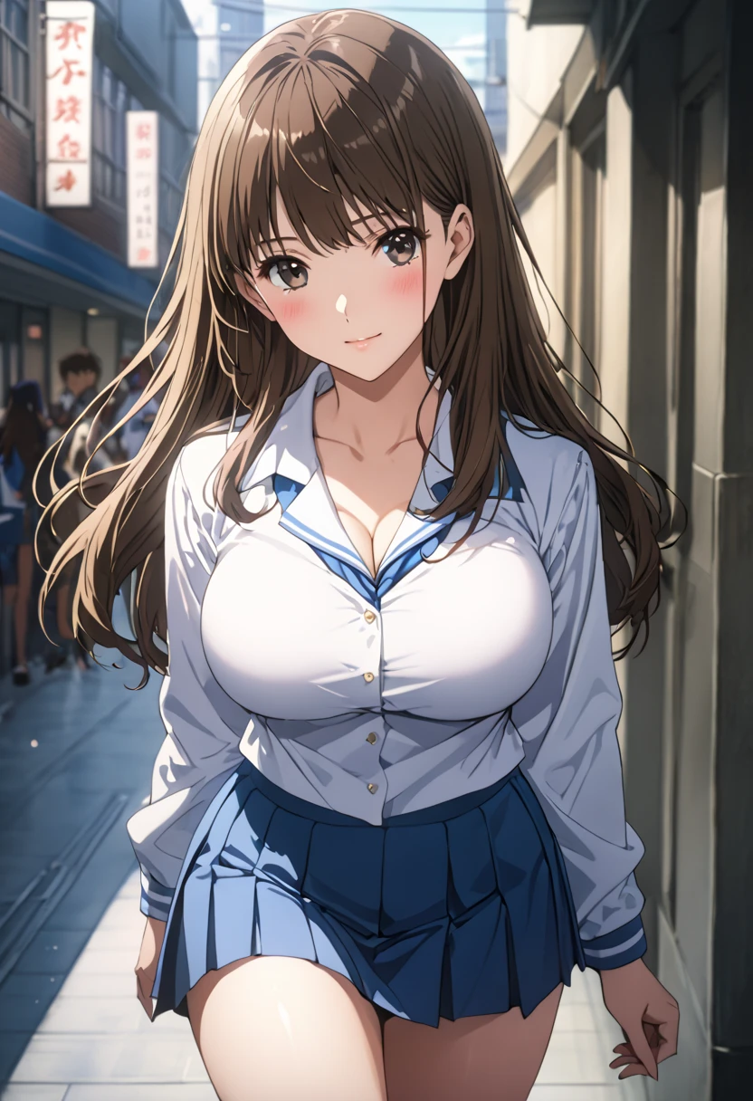 masterpiece, BestQuality, High resolution,16k,official art,super detailed skin,detailed,animated painting,(kuroe mayu:1.3),1990s \(style\),(F-cup beautiful breasts:1.3), (tall:1.2),height: 170cm,Fashion model body type,pointed eyes,black eyes,brown hair,long hair,(:highschool uniform,white shirt,mini skirt:1.3)、1girl,solo,nsfw,sexy,cool face,light smile,shy,blush,Anime-style painting style,Close up on full body,Cinematic lighting,Superfine,in the city