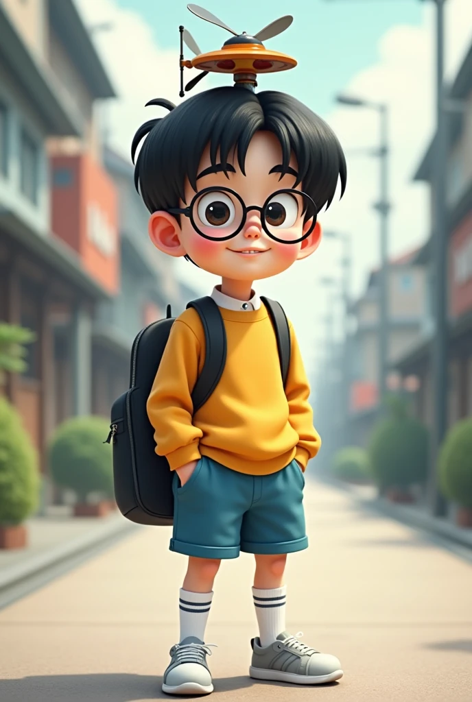  a boy with glasses and a backpack standing in a street, realistic, cinematic