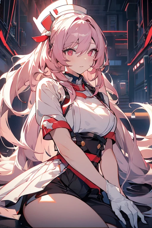 1 girl, solo, Koyori, tattered and torn white robe, intricate white lab coat, torn black stockings, pink hair with black tips, side braids, long let down hair with black tips, red and green eyes, heterochromia, serious expression, alien-like laboratory in background