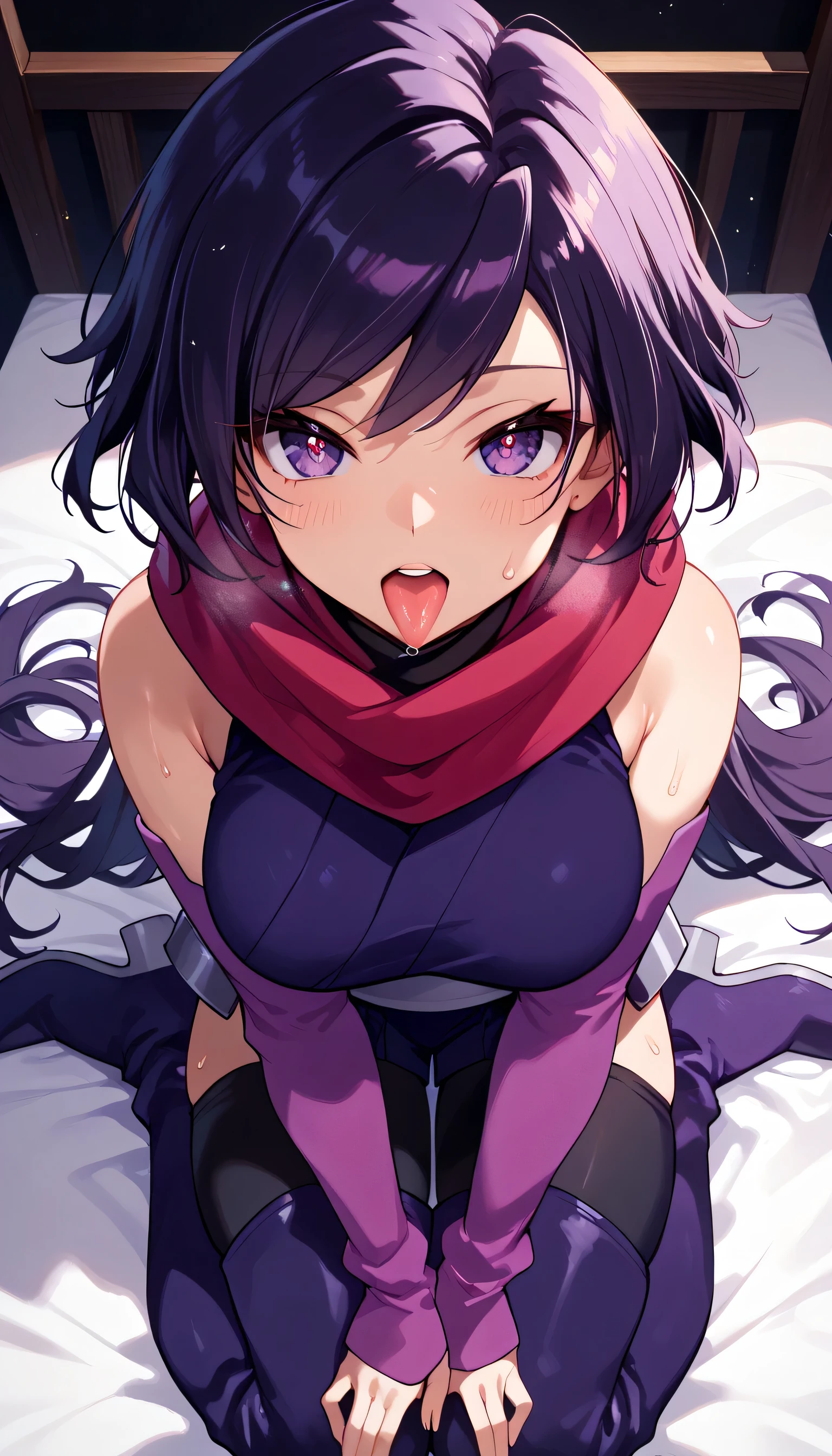   One Girl  ，iris ，  Kunoichi，紺色の髪，   PURPLE EYES， Ninja costume(  Red Scarf ，Deep purple kimono，  sleeveless ，Big Breasts，light purple arm covers，   Black Knee High  ，purple long boots ，)，  is opening her mouth，  sticking out the tongue  ，，  sigh，  puffy eyes ，  heart shaped eyes，sweat， teeth，seiza，  sit on the bed ， Fellatio Poses ，masterpiece