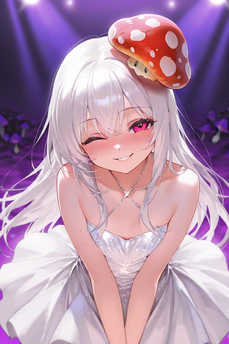 masterpiece, detailed, high quality, cute, 1girl, solo, malicious, seductive smile, idol, embarrassed, white hair, beautiful eyes, beautiful face, big single mushroom on head, wink, sexy dress, detailed eyes, temptation,