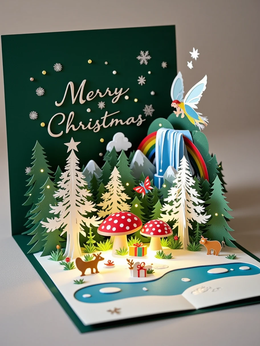 A realistic close-up photo of a handmade Christmas popup card made entirely of intricately cut and folded paper or cardstock. The card is open, revealing a detailed 3D scene crafted from layered paper: a mysterious magic forest filled with Christmas trees and glowing mushrooms. There are paper fairies flying around with Christmas lights. In the background, there is a waterfall and a rainbow. The background inside the card displays laser-cut snowflakes and stars, with a simple 'Merry Christmas' message elegantly formed from raised paper layers. The outer cover, partially visible, is dark green with embossed silver lettering and paper-cut details of forest creatures. The lighting emphasizes the texture and precision of the paper design, with a neutral background to keep the focus on the card's craftsmanship.