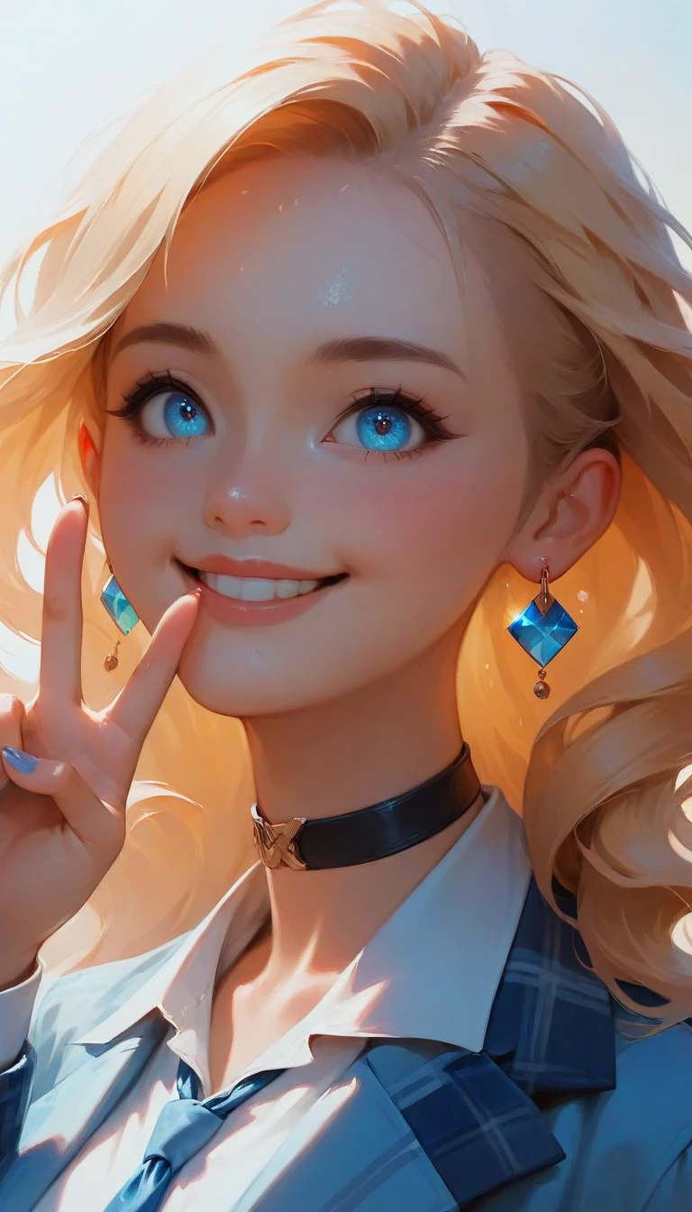    Anime-style illustrations for   ,   Photorealism,  1 girl,    long blonde and pink tips  ,  Playful pose , Wink and smile  ,   I focus on earrings 。 earrings {x} with both hands making a V sign close to my eyes, white shirt、 I'm rolling up my sleeves ,   BLUE PLAID SKIRT,  loose blue tie ,  black choker and ring  ,   name earrings for women ,  light flushing on the cheeks , Bright and cheerful expression,  vibrant young man 々 Like the atmosphere ,  close-up composition  、  first name   ,  Sharp Focus ,    looks up with wet eyes ,     Professional  ,