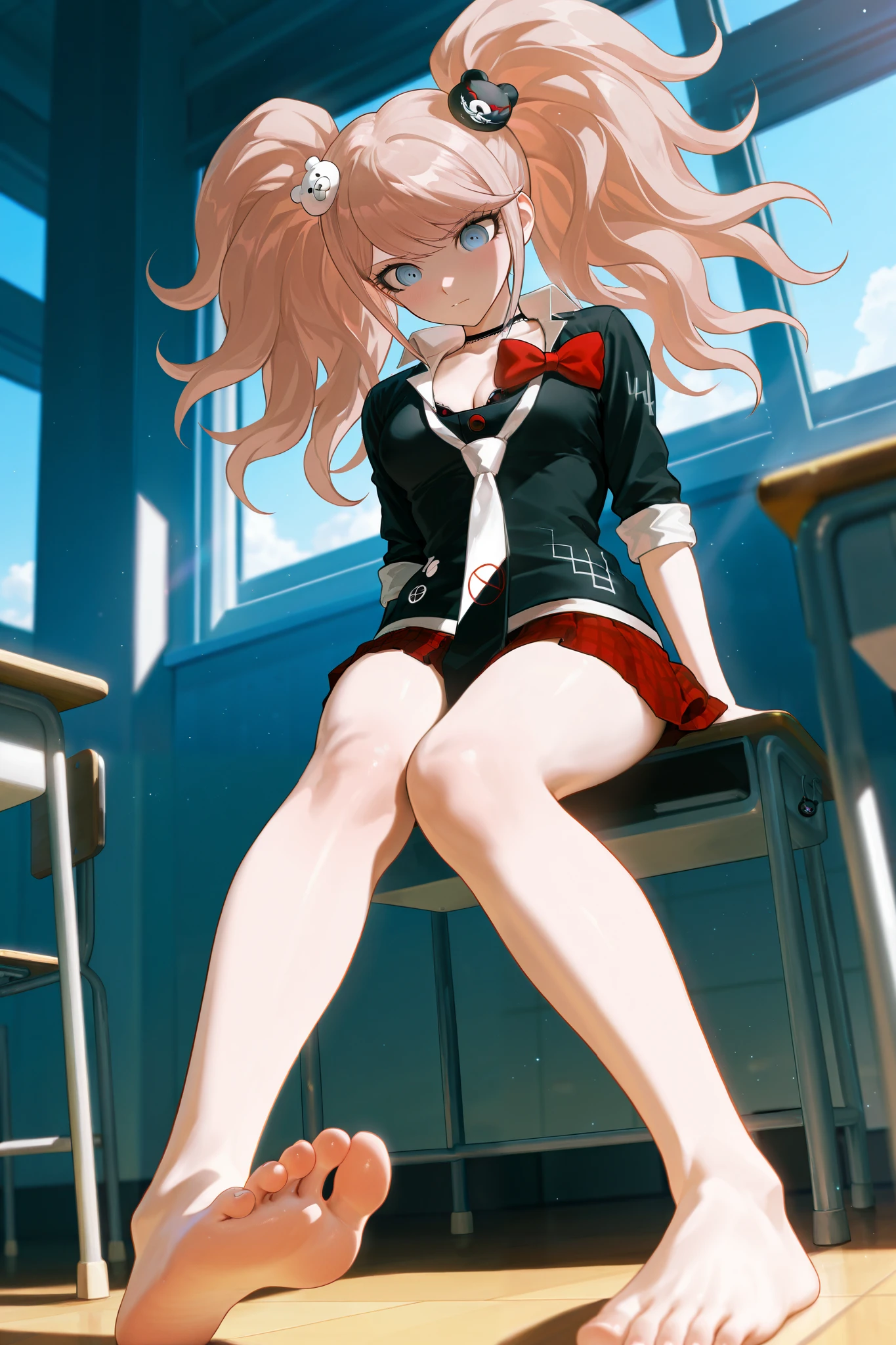 masterpiece, best quality, amazing quality, very aesthetic, high resolution, ultra-detailed, absurdres, newest, scenery, 
solo, (enoshima junko from danganronpa), twintails, bear hair ornament
school uniform, black shirt, white necktie, red bow, sleeves rolled up, skirt, choker, cleavage, full body, sitting on school desk, legs, thighs, barefoot, soles, low angle, focus on feet, classroom,
BREAK,  smooth anime style, masterpiece, best quality, amazing quality, very aesthetic, high resolution, ultra-detailed, absurdres, newest, scenery, breathtaking visuals, intricate glowing details, cool dreamy aesthetics, raytracing, 8k, ultra high definition, glowing details, (subtle depth of field:0.25), (subtle bloom:0.5), soft lights, rich vivid colors, light particles, vibrant textures, dramatic lighting, captivating visuals,