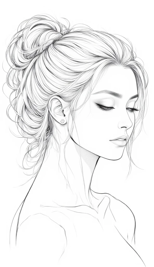 a freehand pencil outline image of a woman's profile with her head tilted to one side with her hair gathered behind her, eyes closed, eyelashes lined, lips parted, ear outlined, neck and shoulders outlined, monochrome, white background