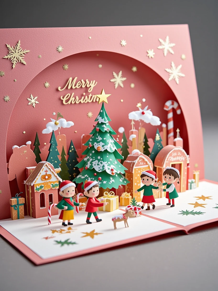 A realistic close-up photo of a handmade Christmas popup card made entirely of intricately cut and folded paper or cardstock. The card is open, revealing a detailed 3D scene crafted from layered paper: a magical candy land with lollipop trees and gumdrop houses. Paper children are playing among the sweets. There are candy canes and chocolate bars everywhere. In the center, there is a giant Christmas candy cane. The background inside the card displays laser-cut snowflakes and stars, with a simple 'Merry Christmas' message elegantly formed from raised paper layers. The outer cover, partially visible, is pink with embossed gold lettering and paper-cut details of candies. The lighting emphasizes the texture and precision of the paper design, with a neutral background to keep the focus on the card's craftsmanship.