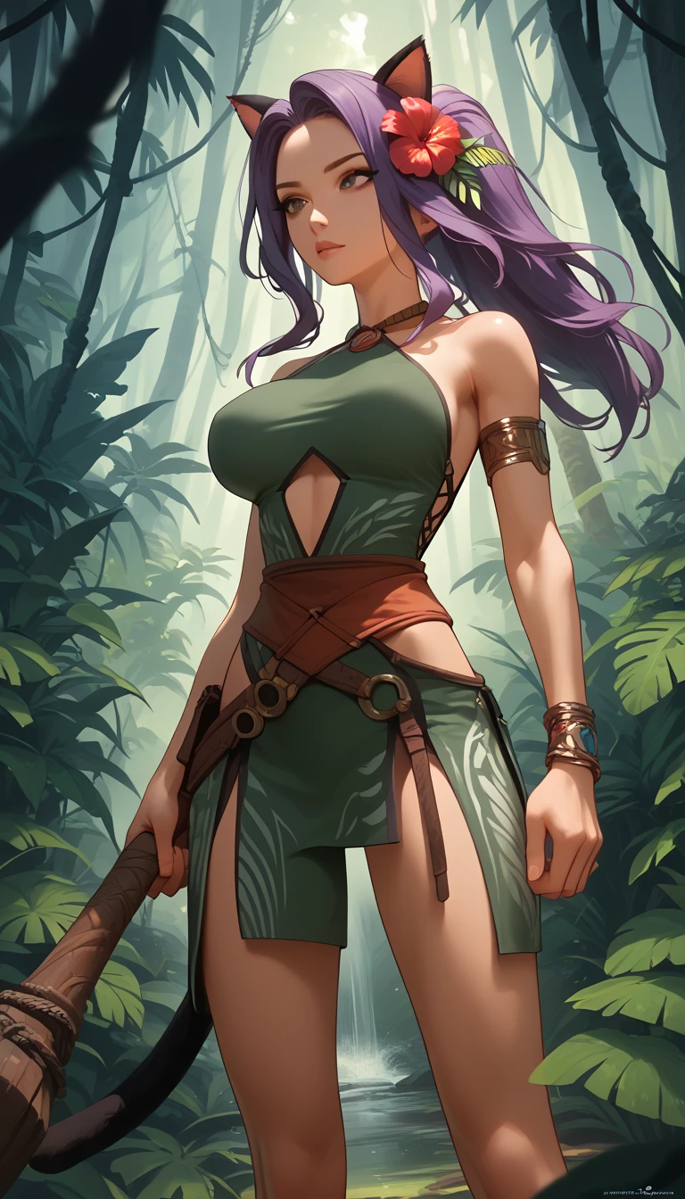  bare shoulders are visible,  1 girl fights,  long hair, 4K,  the forest, jungle, an amazon ,  cat ears,  hair flower,   high resolution   , One,  masterpiece fails,     top quality ,    standing device , cutout, hair template ,  pretty face,   big breasts,  purple hair 