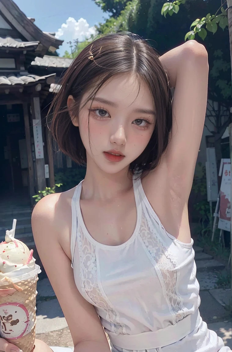 (Ultra Real), (Illustration), (High Resolution), (8K), (Very Detailed), (Best Illustration), (Beautiful Detailed Eyes), (Best Quality), (Ultra Detailed), (Masterpiece), (Wallpaper), (Detailed Face), Night Up Upper Body,Armpits, Ice Cream,Short Hair,Solo,Simple White Tank Top Girl, Sweaty, Japan Person, Big , (Camel Toe) Nezuko Kamado,