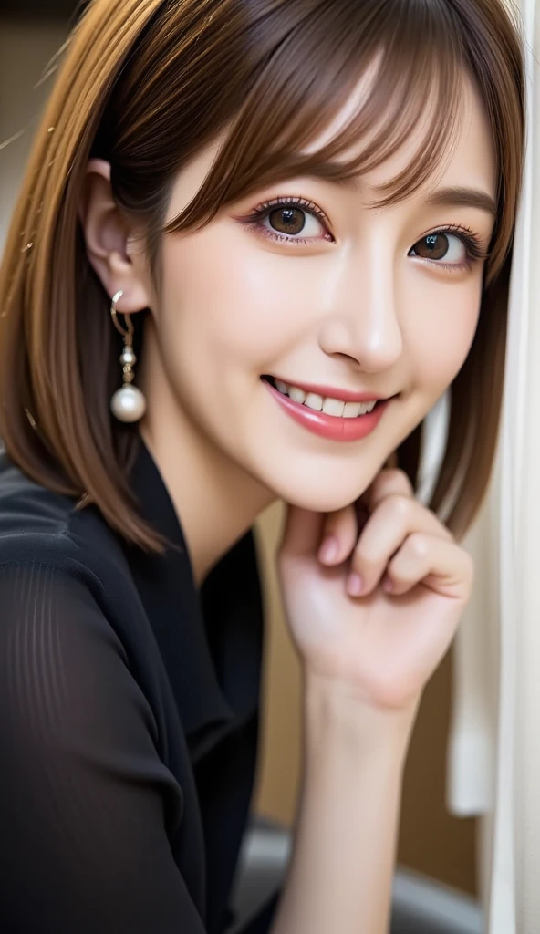 12Ｋ、ＨＤＲ、  Japanese、 bit depth 10 bits  、black collared shirt、(  realistic  ,   photo realistic  :1.4), masterpiece,     Very Delicate and Beautiful    ,    very detailed,     very detailed目と顔,     beautiful detailed nose ,    beautiful detailed eyes ,    cinematic lighting,  light brown hair 、smile、   A woman who exudes mature sex appeal 、クリアホワイトスキン  、   happy face、((An upshot of a face only))、 necklace、 earrings for women with first name、 random hair styles inside European palaces、White teeth are visible、 looks at the audience and smiles 、