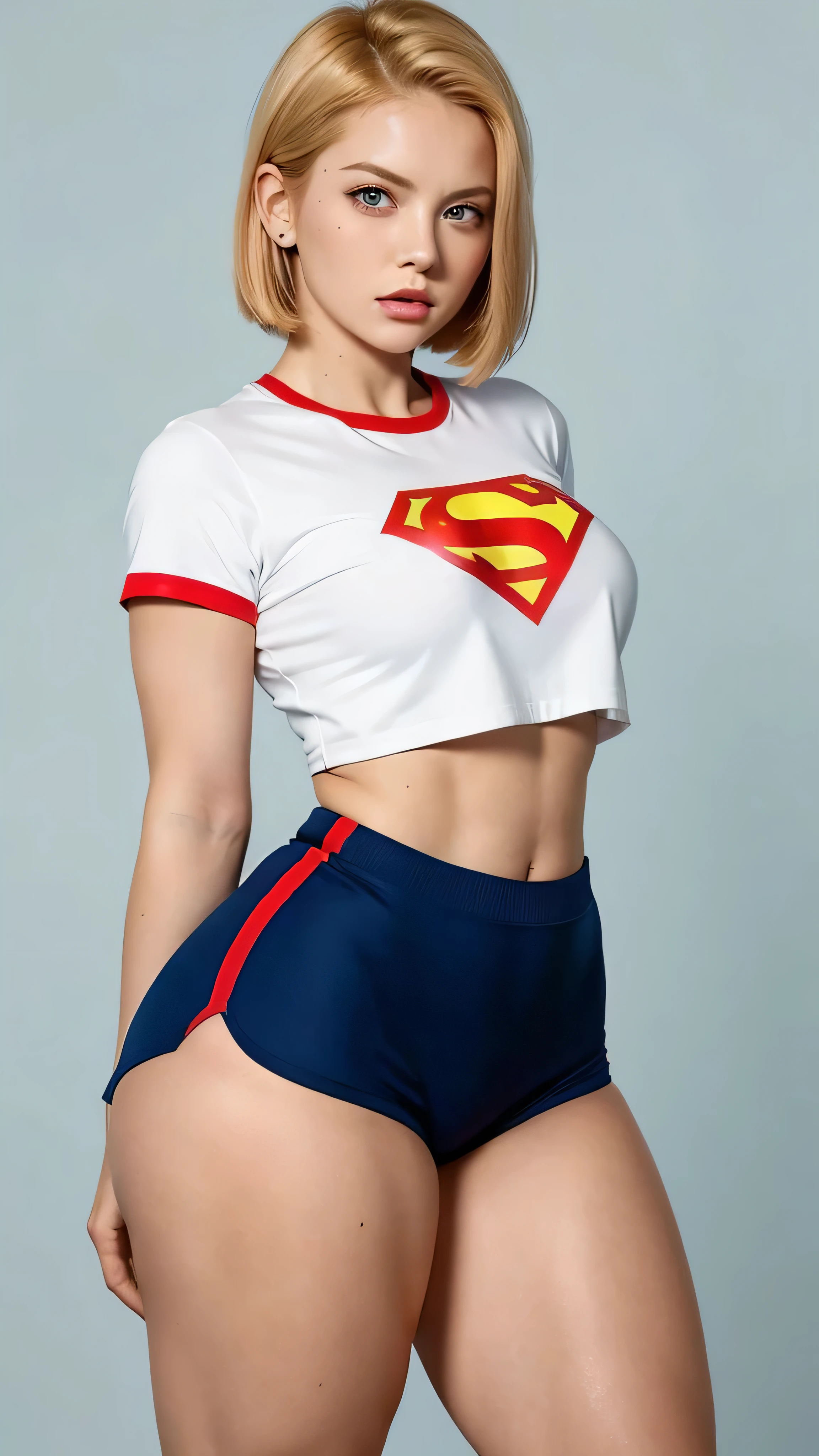 Android 18, redhead, a woman , short blonde hair and bangs, Calypso and expressive eyes, sports shorts, A Supergirl t-shirt, pecho pequeño, Not suitable for work , big ass, thick thighs , wide hips, Desde atrás