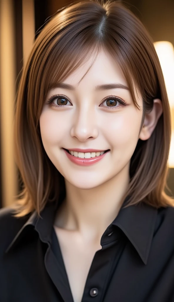 12Ｋ、ＨＤＲ、  Japanese、 bit depth 10 bits  、black collared shirt、(  realistic  ,   photo realistic  :1.4), masterpiece,     Very Delicate and Beautiful    ,    very detailed,     very detailed目と顔,     beautiful detailed nose ,    beautiful detailed eyes ,    cinematic lighting,  light brown hair 、smile、   A woman who exudes mature sex appeal 、クリアホワイトスキン  、   happy face、((An upshot of a face only))、 necklace、 earrings for women with first name、 random hair styles inside European palaces、White teeth are visible、 looks at the audience and smiles 、