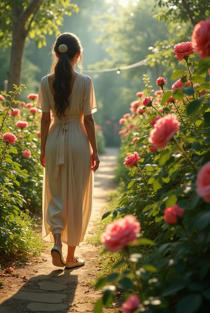 Eleanor walks quietly through the garden, observing the beauty of the roses. The camera focuses on Akin, tending the flowers and humming a soft tune